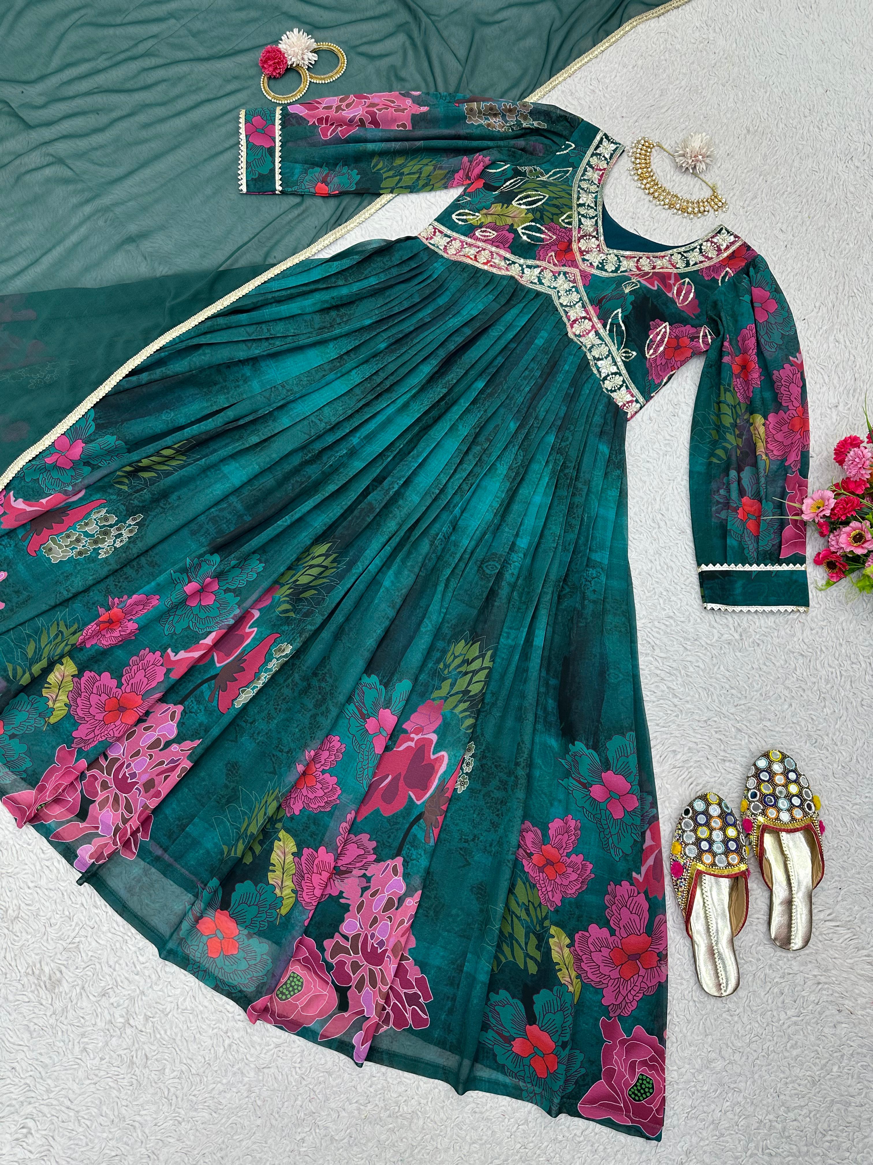 Attractive Thread Sequence Work Printed Green Gown
