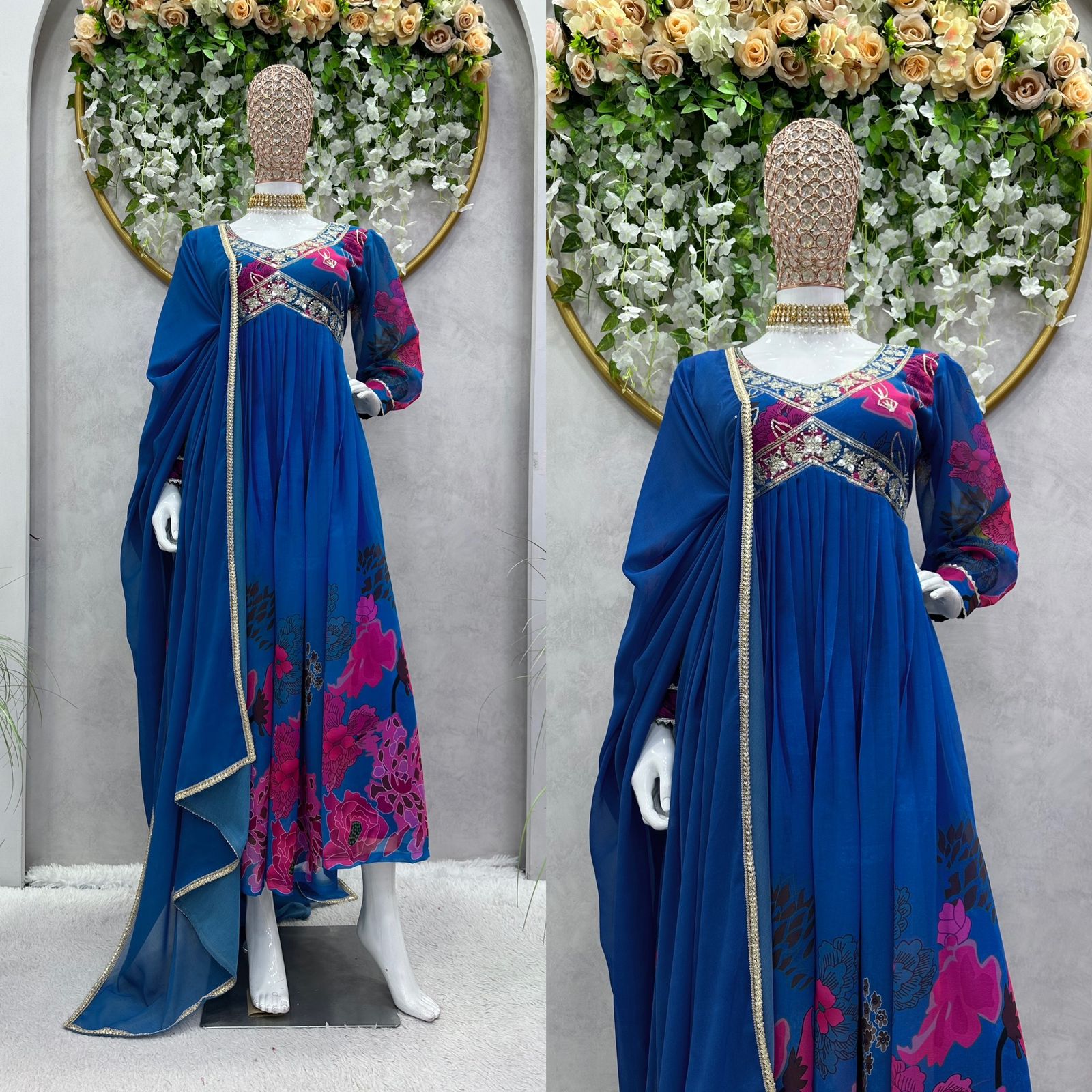 Attractive Thread Sequence Work Printed Blue Gown