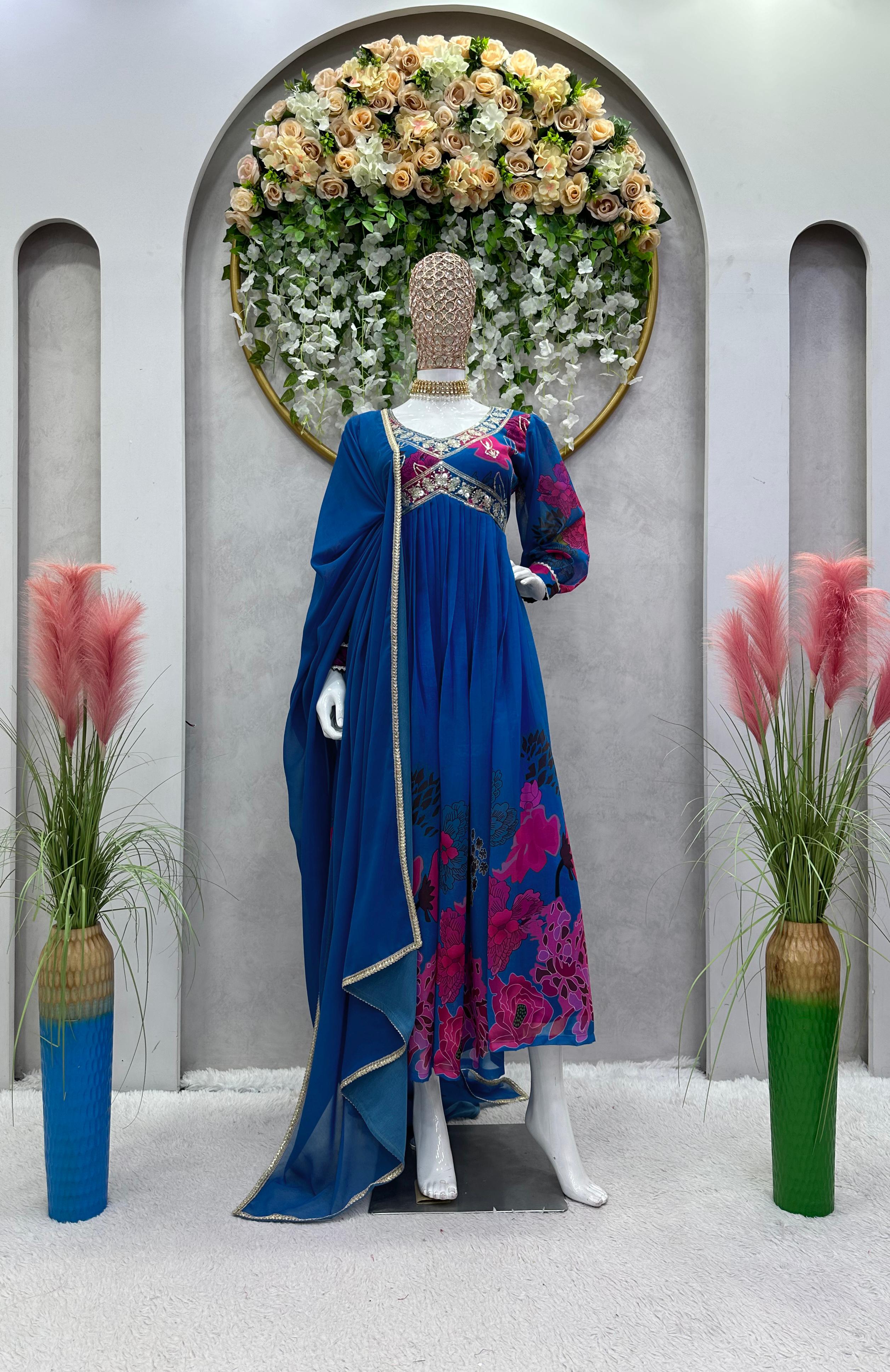 Attractive Thread Sequence Work Printed Blue Gown