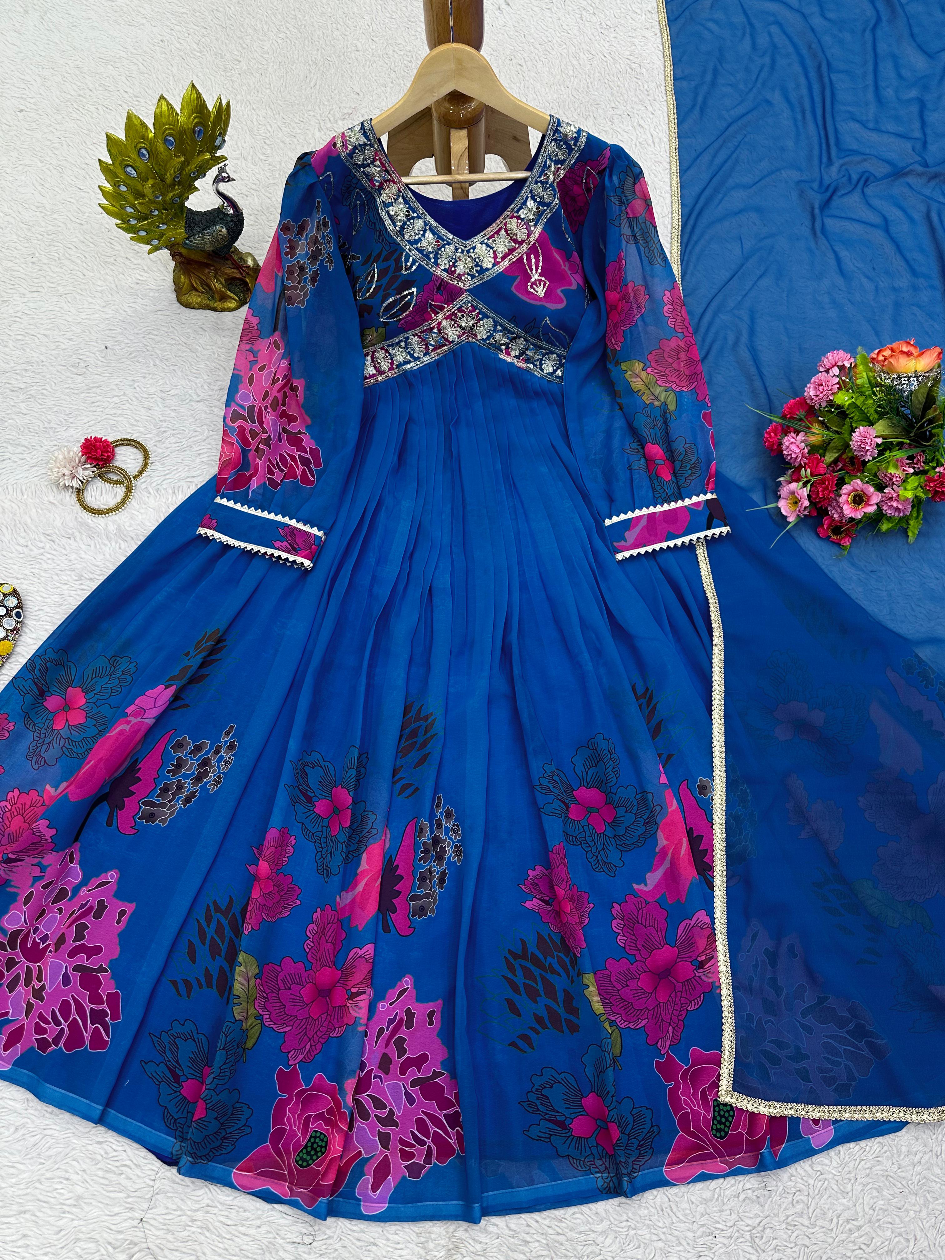 Attractive Thread Sequence Work Printed Blue Gown
