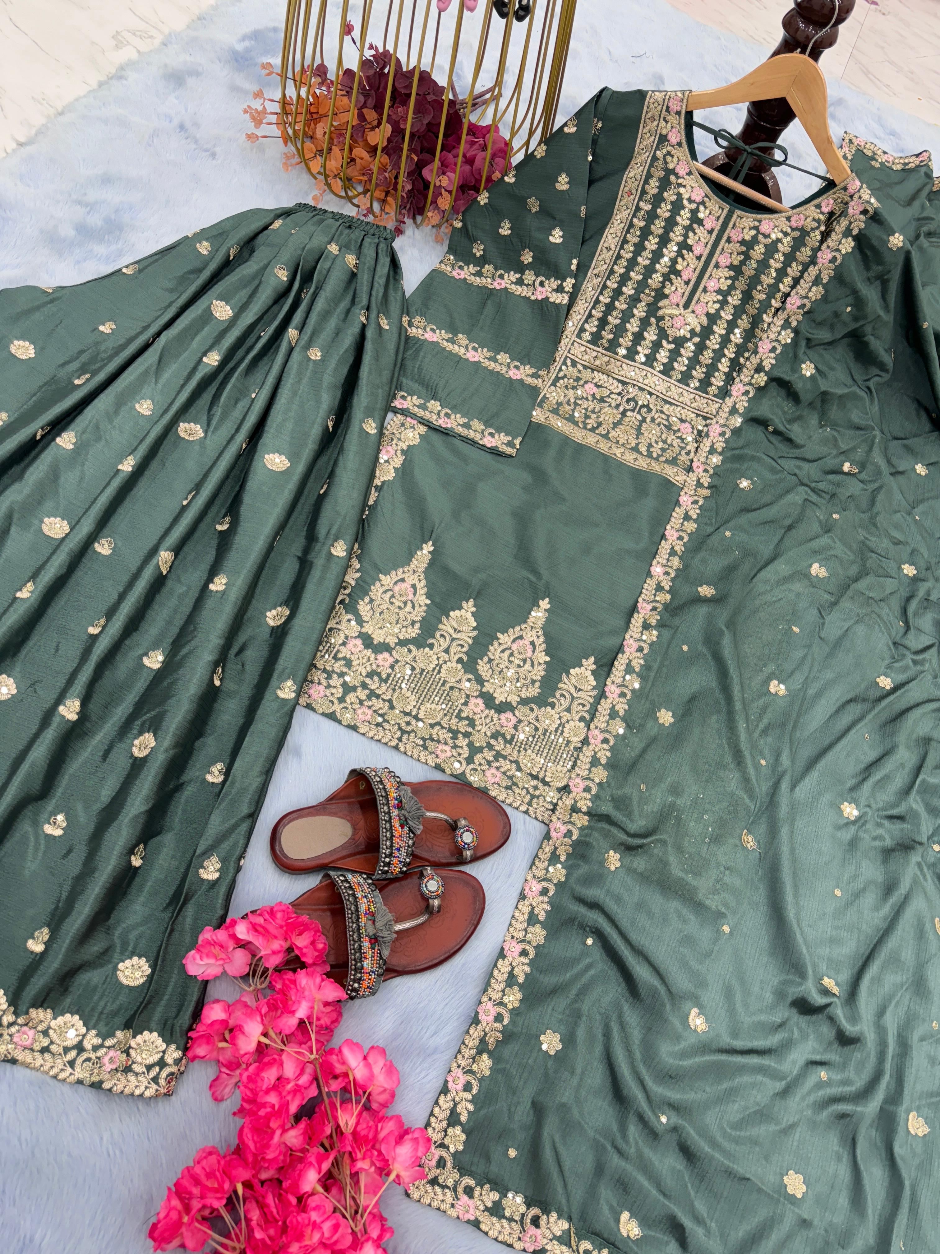 Awesome Work Dusty Green Color Sharara Suit