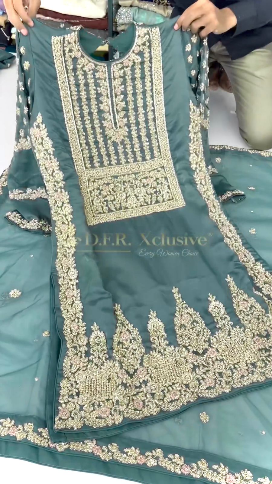 Awesome Work Dusty Green Color Sharara Suit