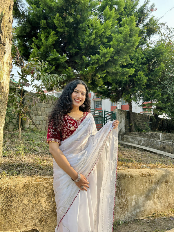 White Color Beautiful Work With Border Saree
