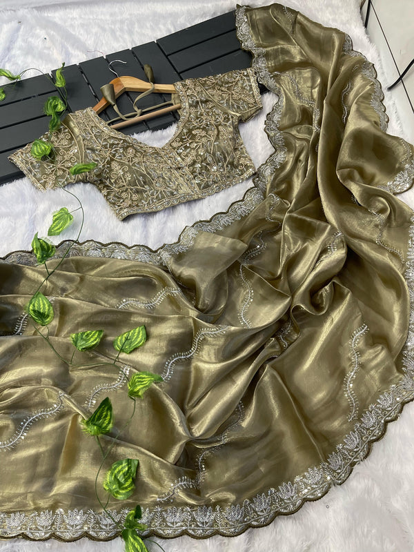 Exclusive Embroidery Cutwork Mehndi Color Saree