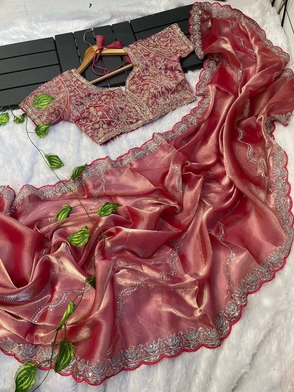 Exclusive Embroidery Cutwork Peach Color Saree