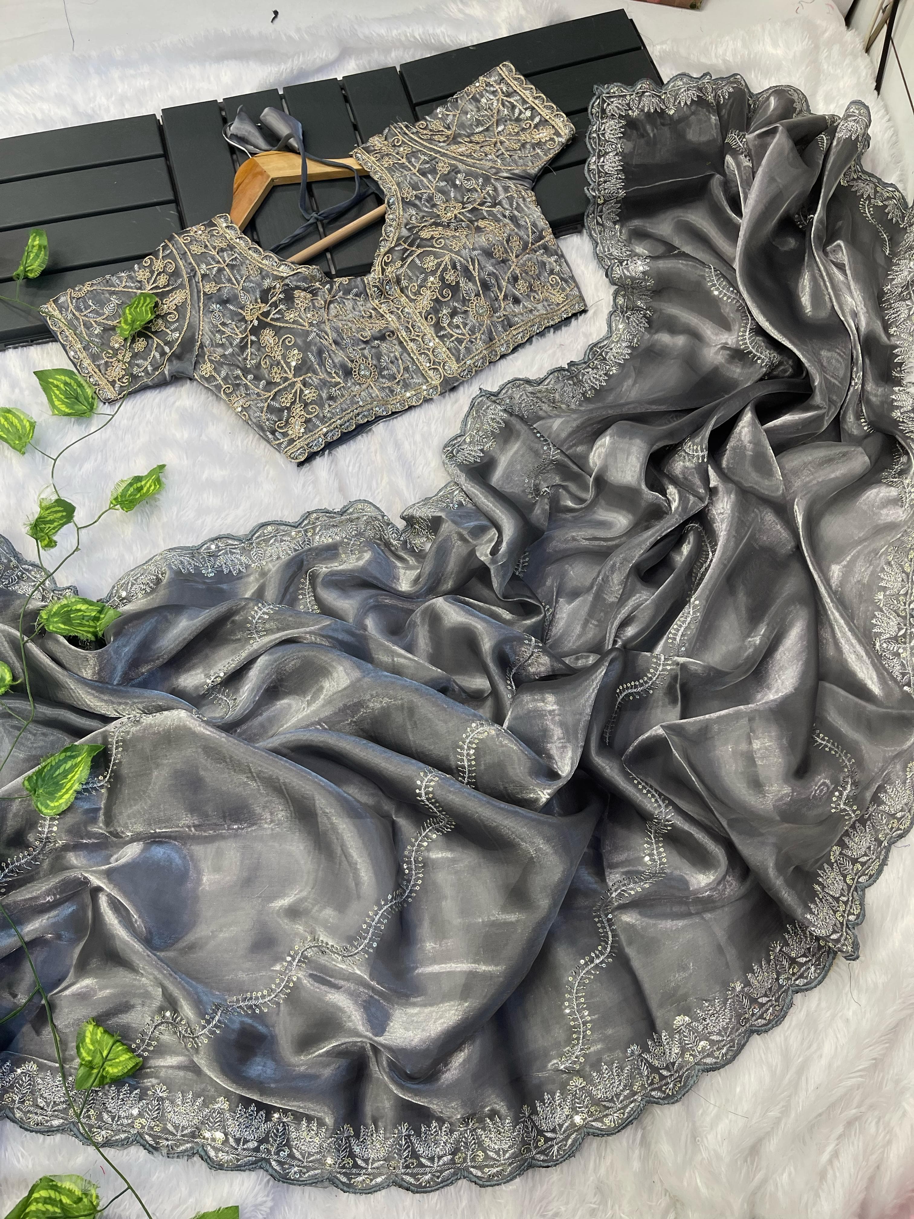 Exclusive Embroidery Cutwork Gray Color Saree