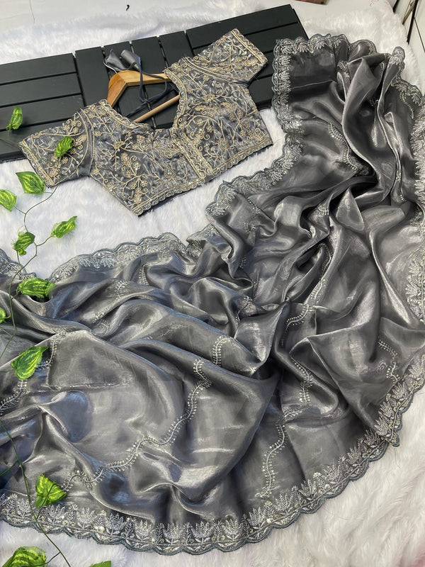 Exclusive Embroidery Cutwork Gray Color Saree