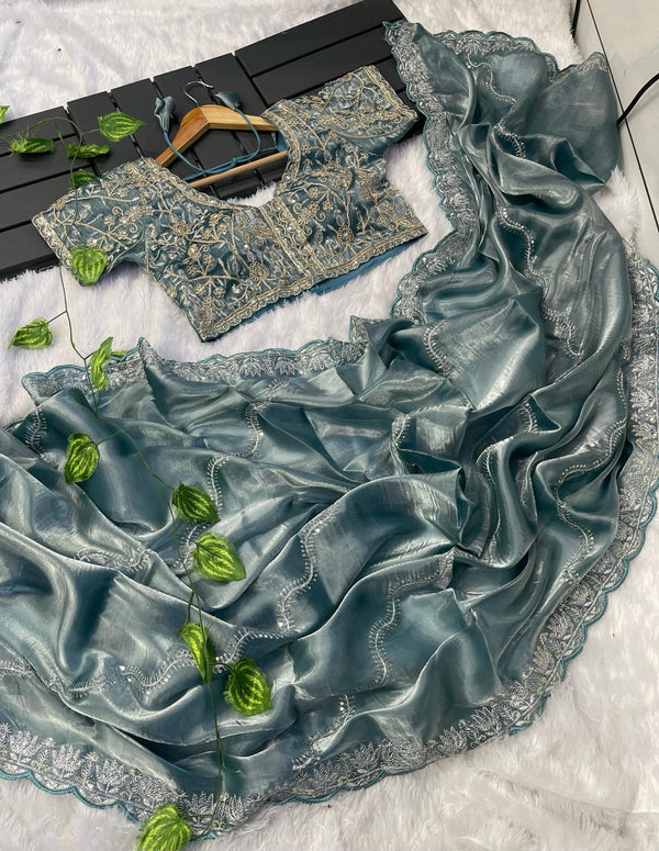 Exclusive Embroidery Cutwork Dusty Blue Color Saree