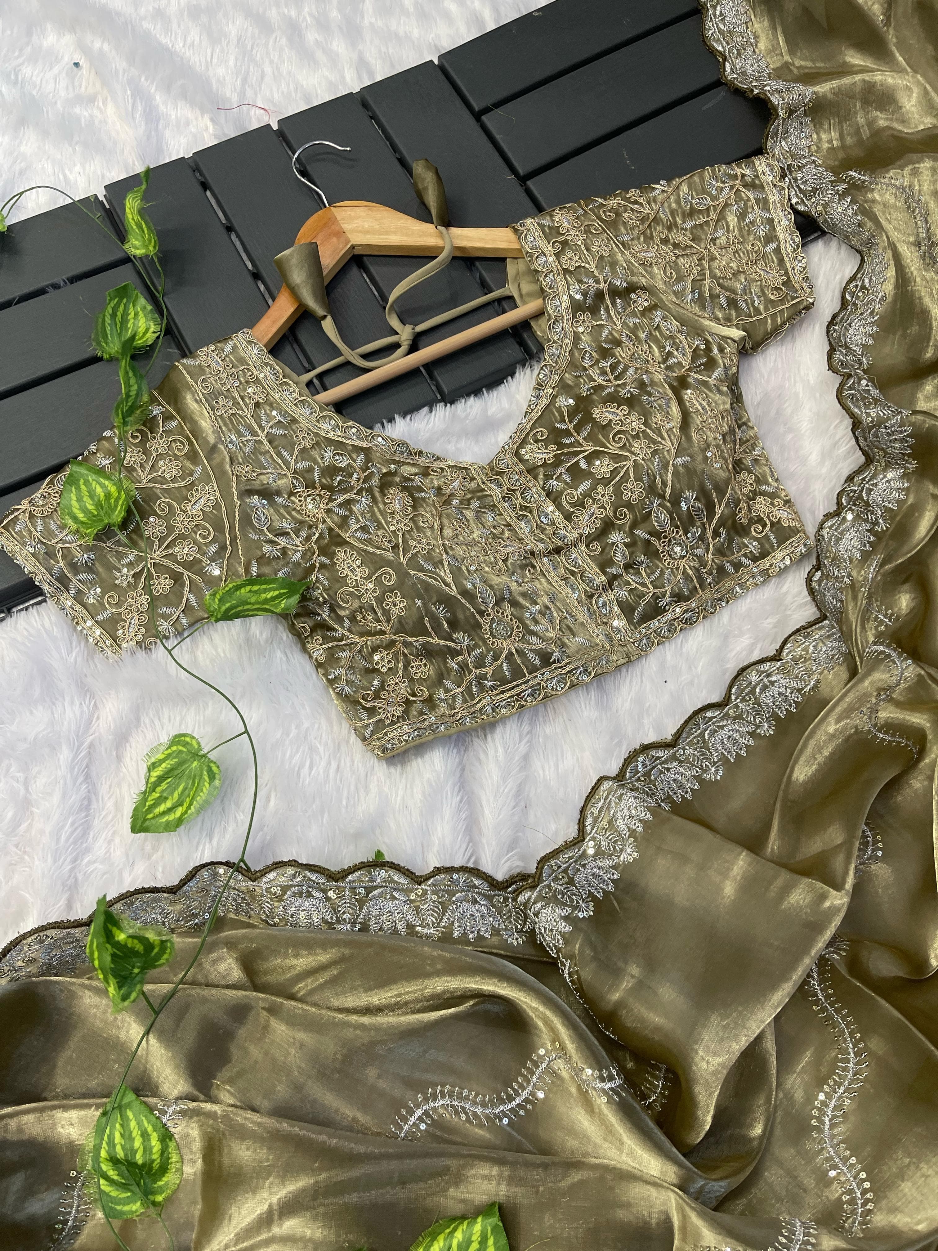Exclusive Embroidery Cutwork Mehndi Color Saree
