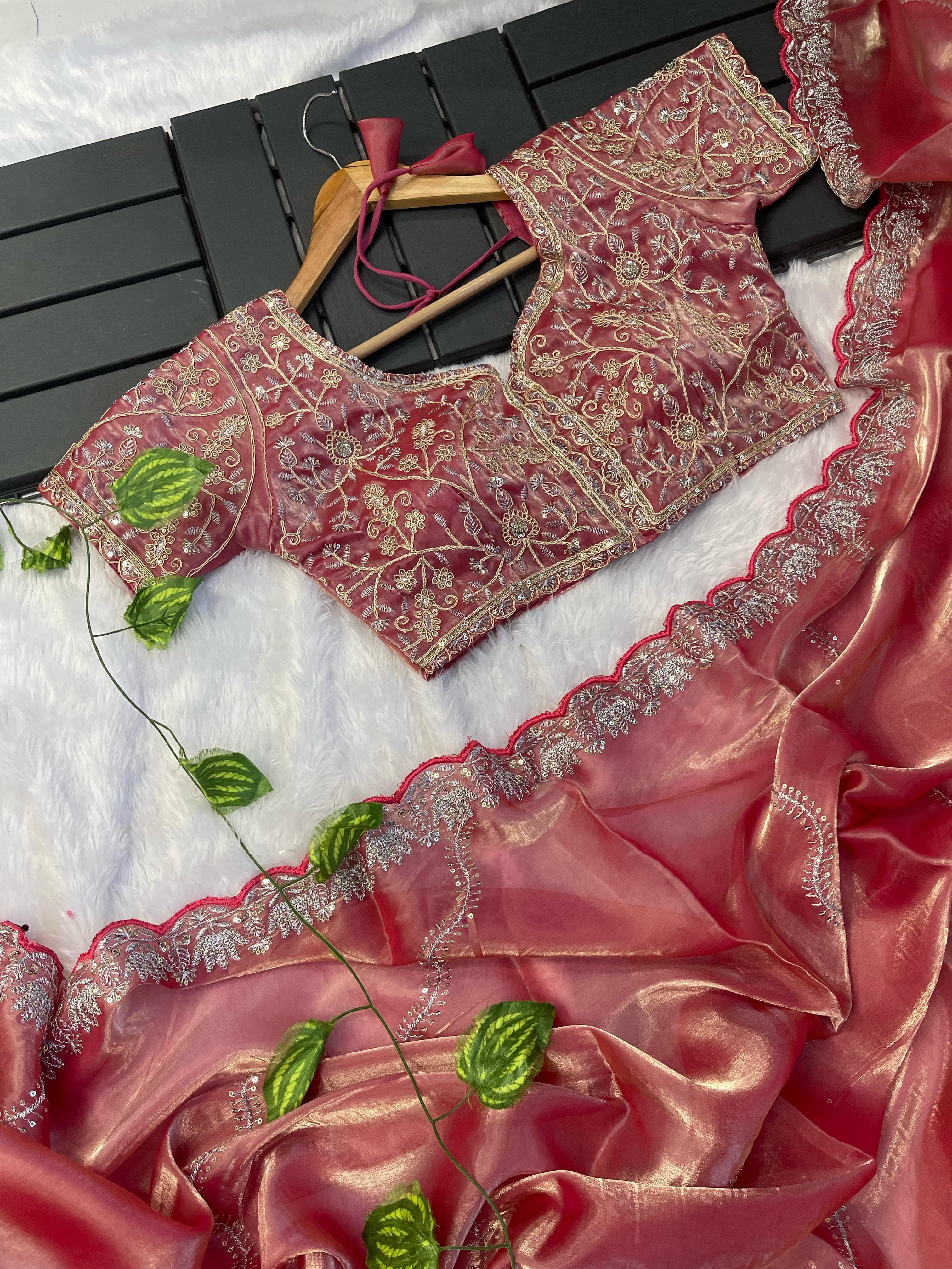 Exclusive Embroidery Cutwork Peach Color Saree