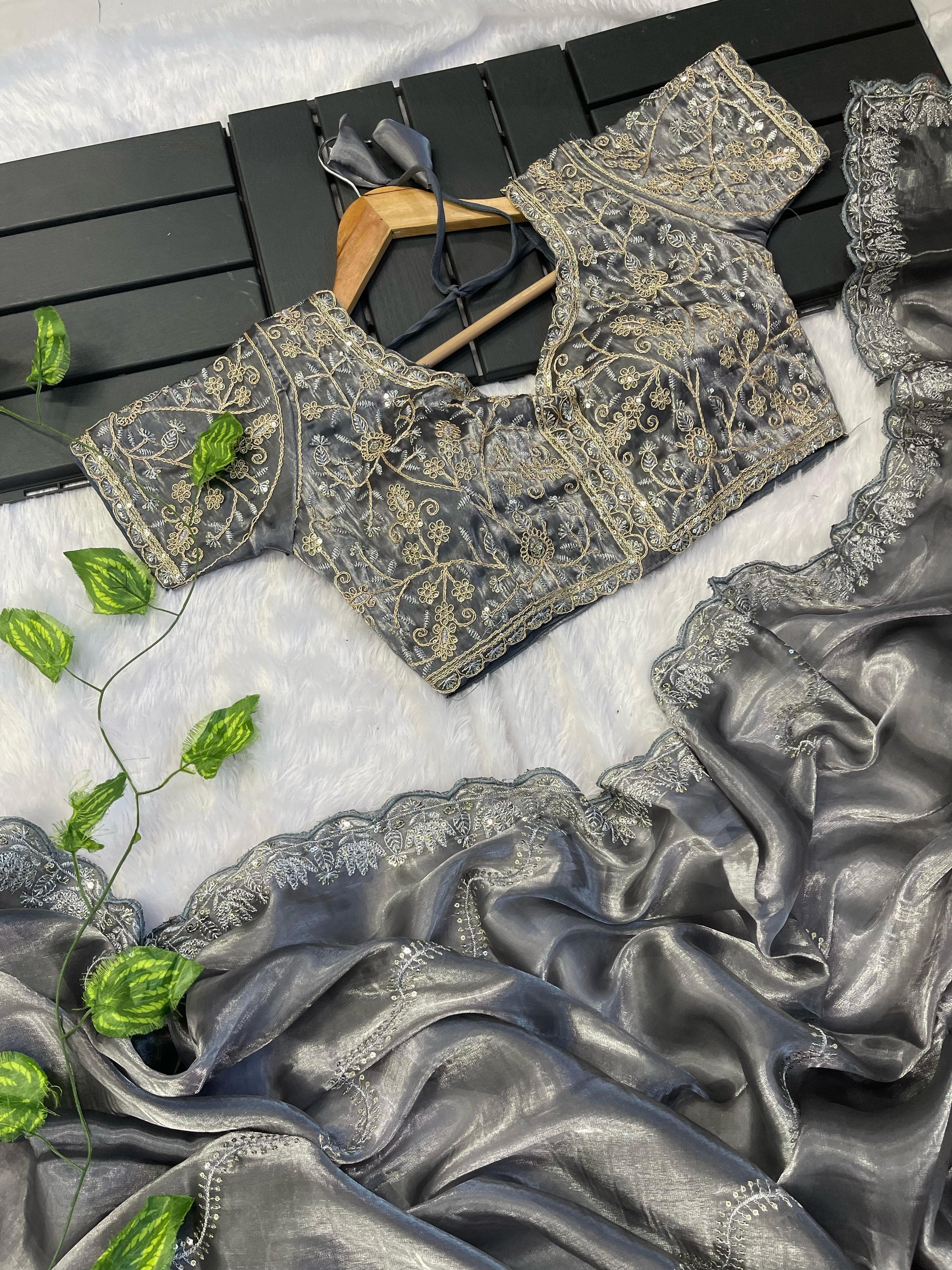 Exclusive Embroidery Cutwork Gray Color Saree