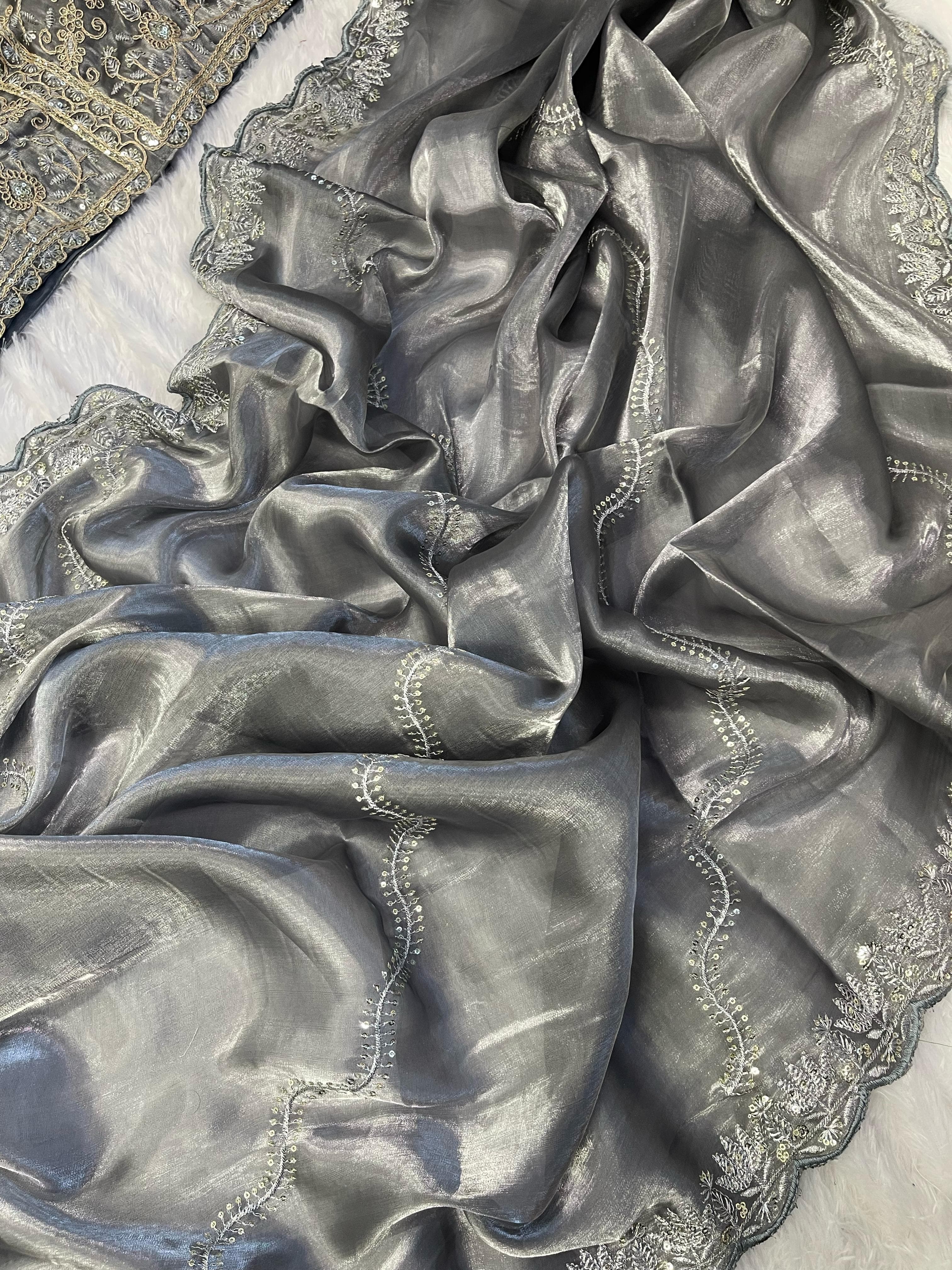 Exclusive Embroidery Cutwork Gray Color Saree
