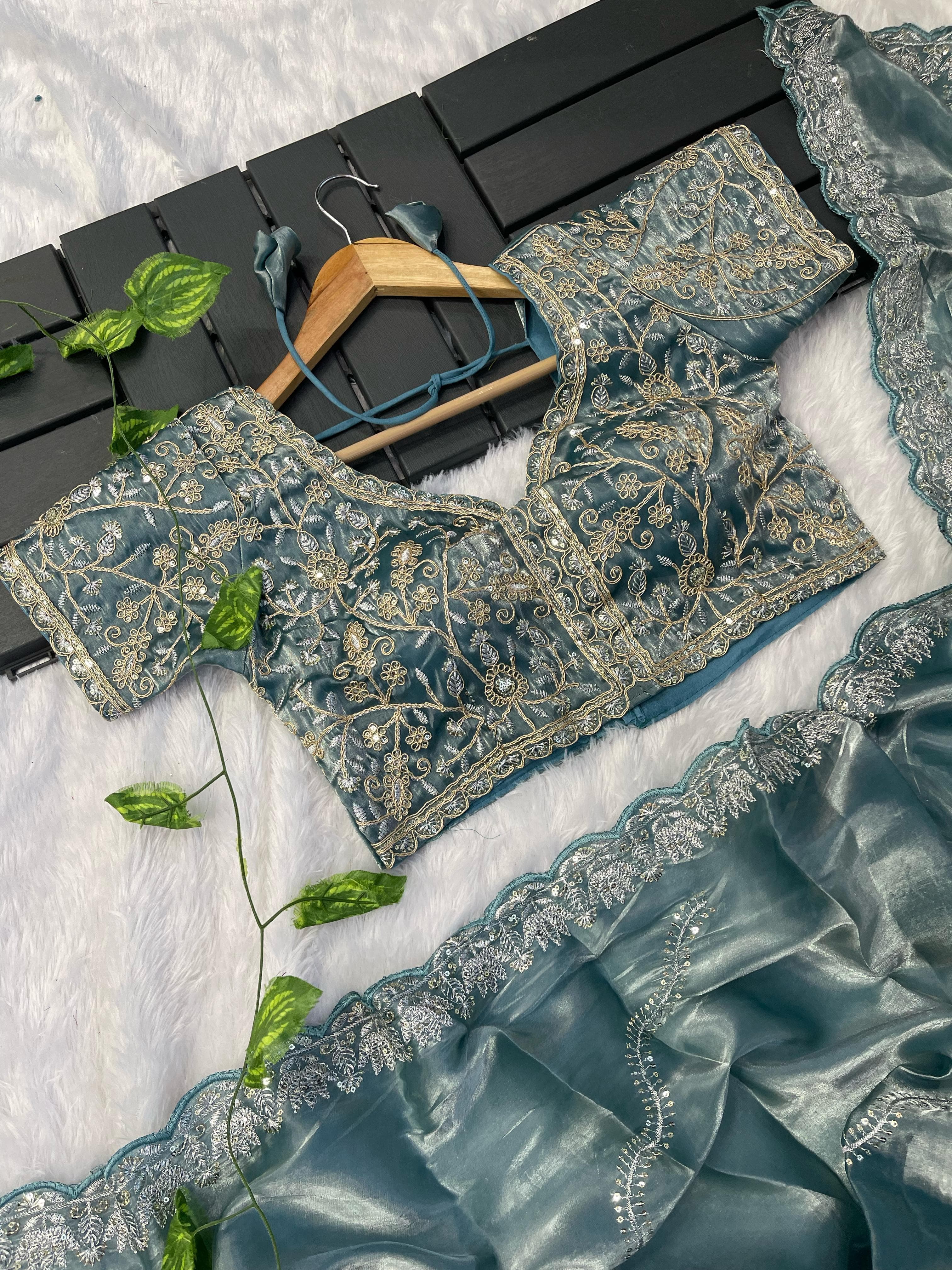 Exclusive Embroidery Cutwork Dusty Blue Color Saree