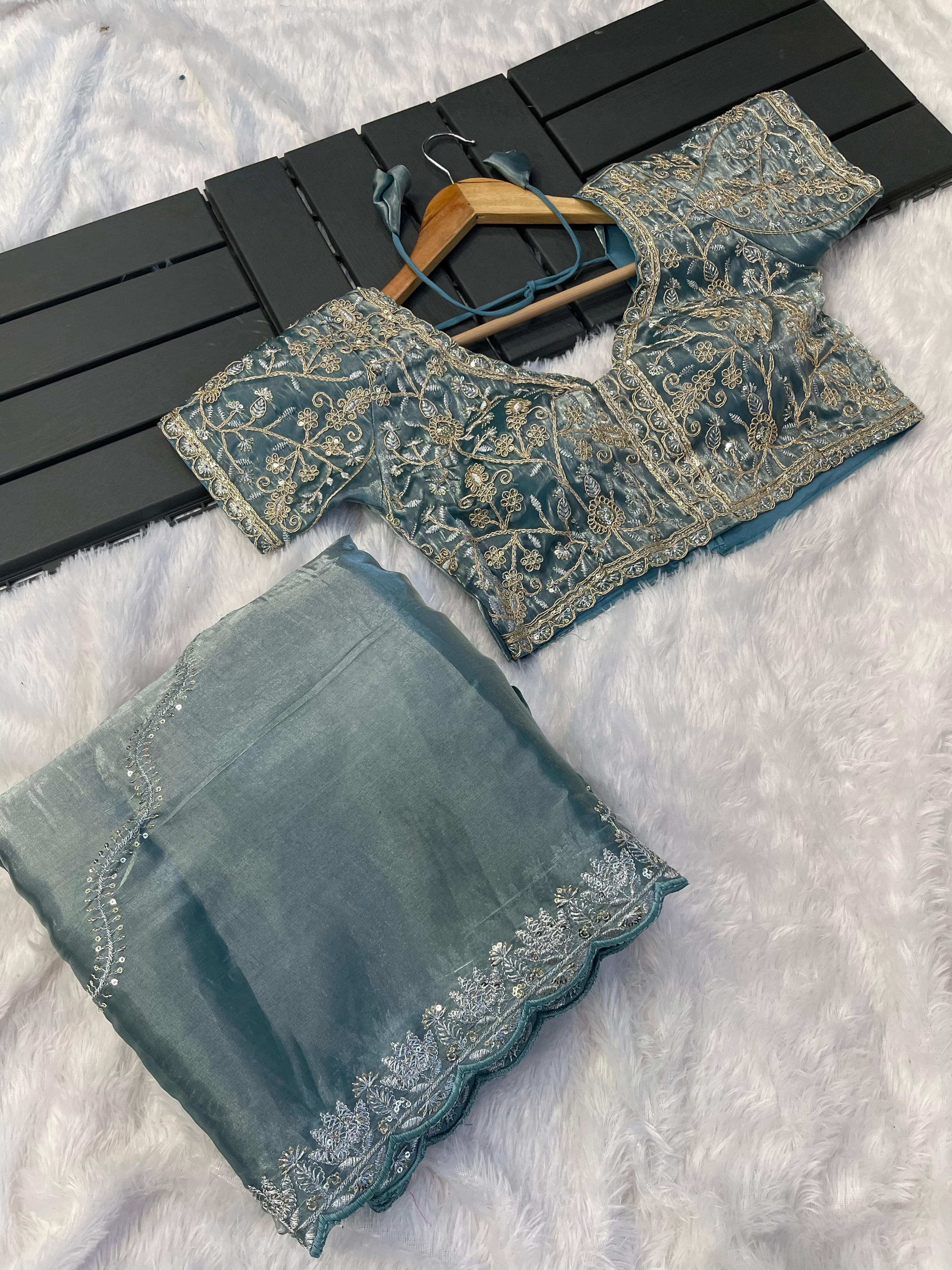 Exclusive Embroidery Cutwork Dusty Blue Color Saree