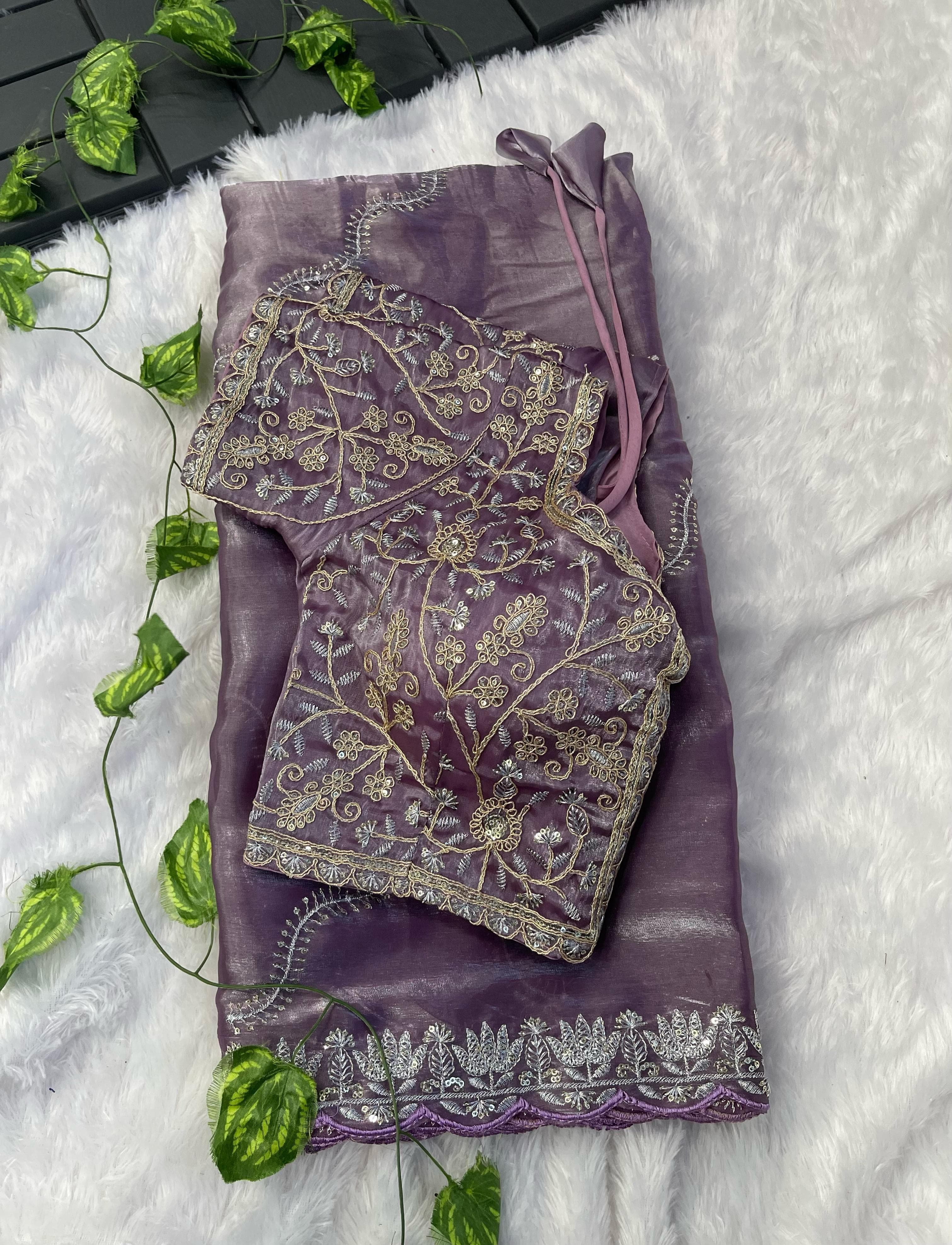 Exclusive Embroidery Cutwork Lavender Color Saree
