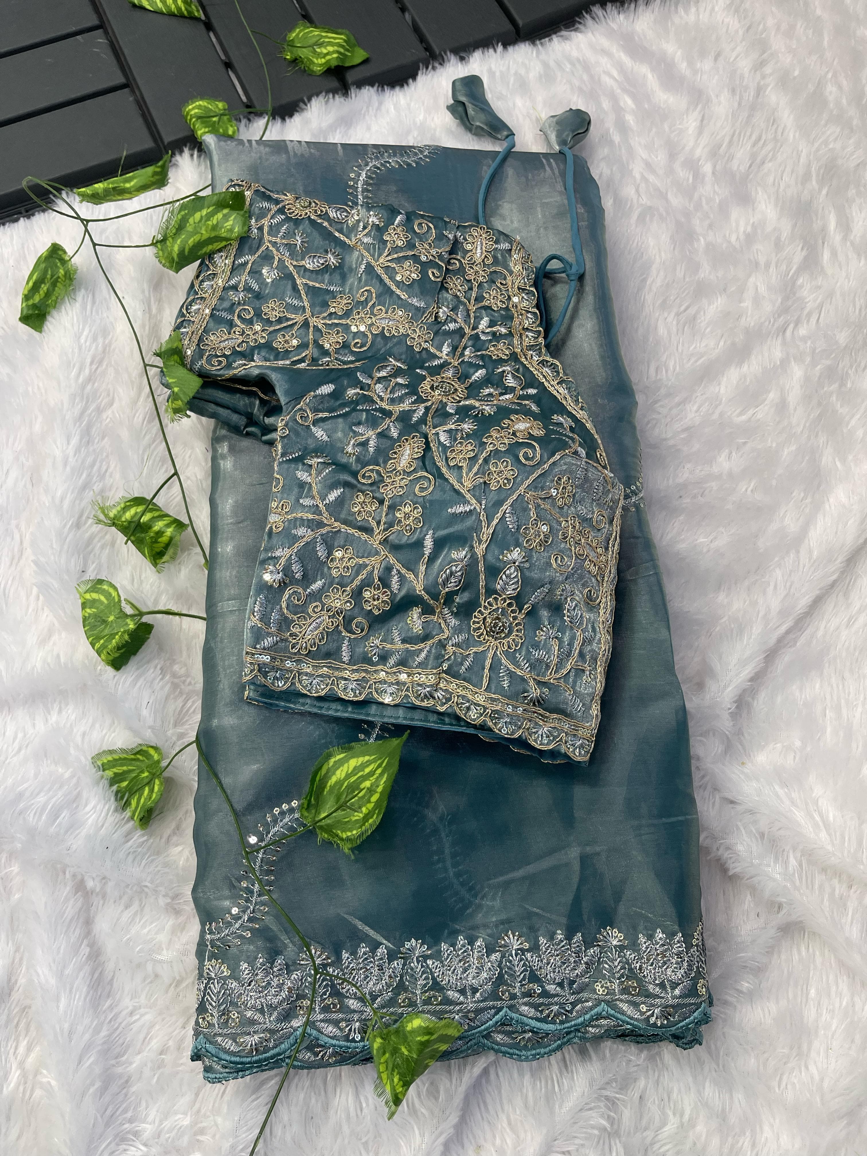 Exclusive Embroidery Cutwork Dusty Blue Color Saree