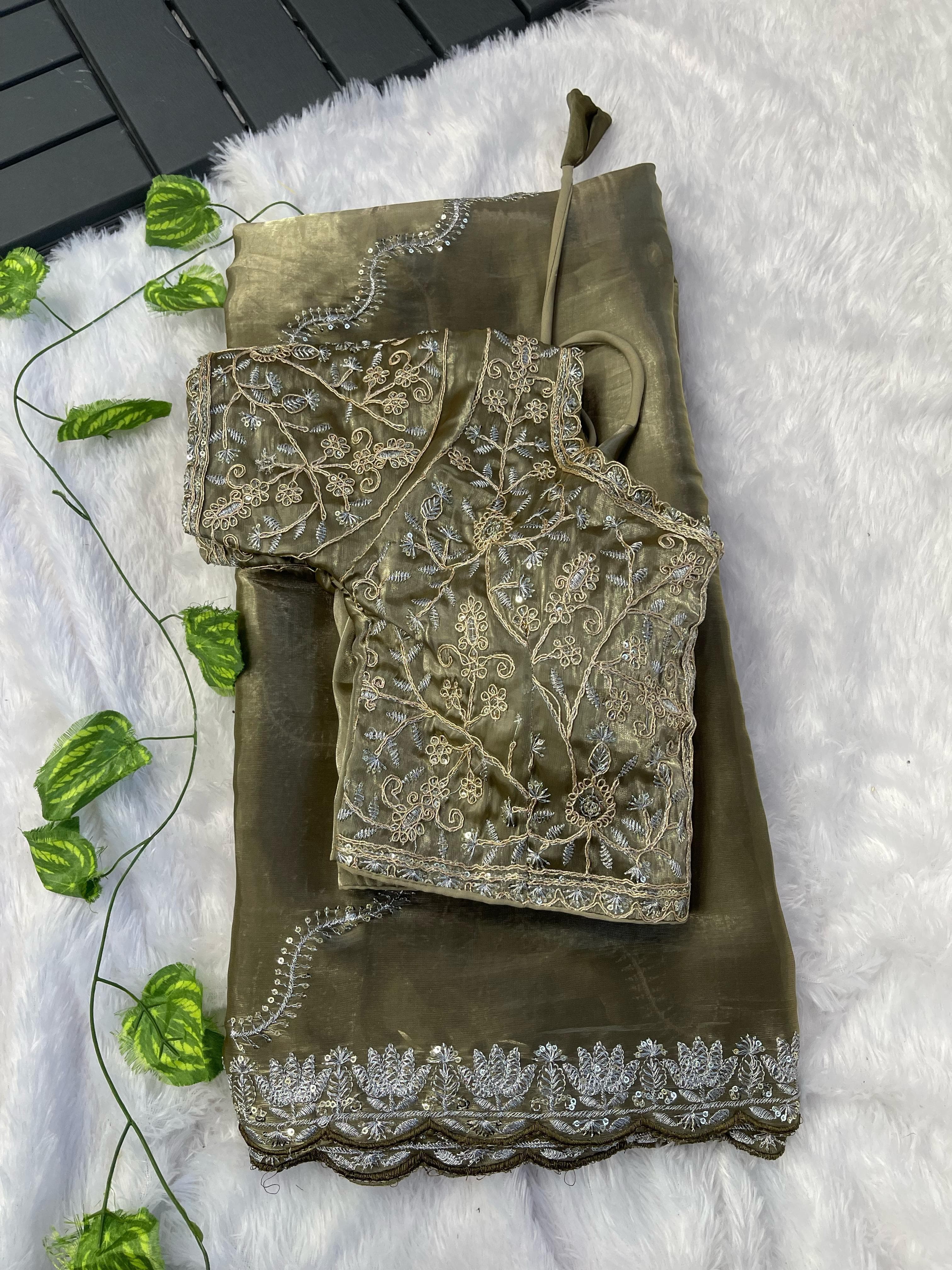 Exclusive Embroidery Cutwork Mehndi Color Saree