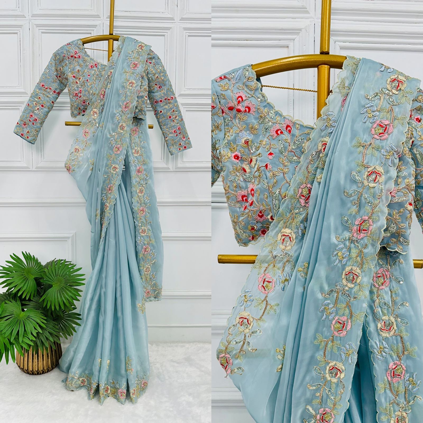 Marvelous Thread Work Sky Blue Color Saree