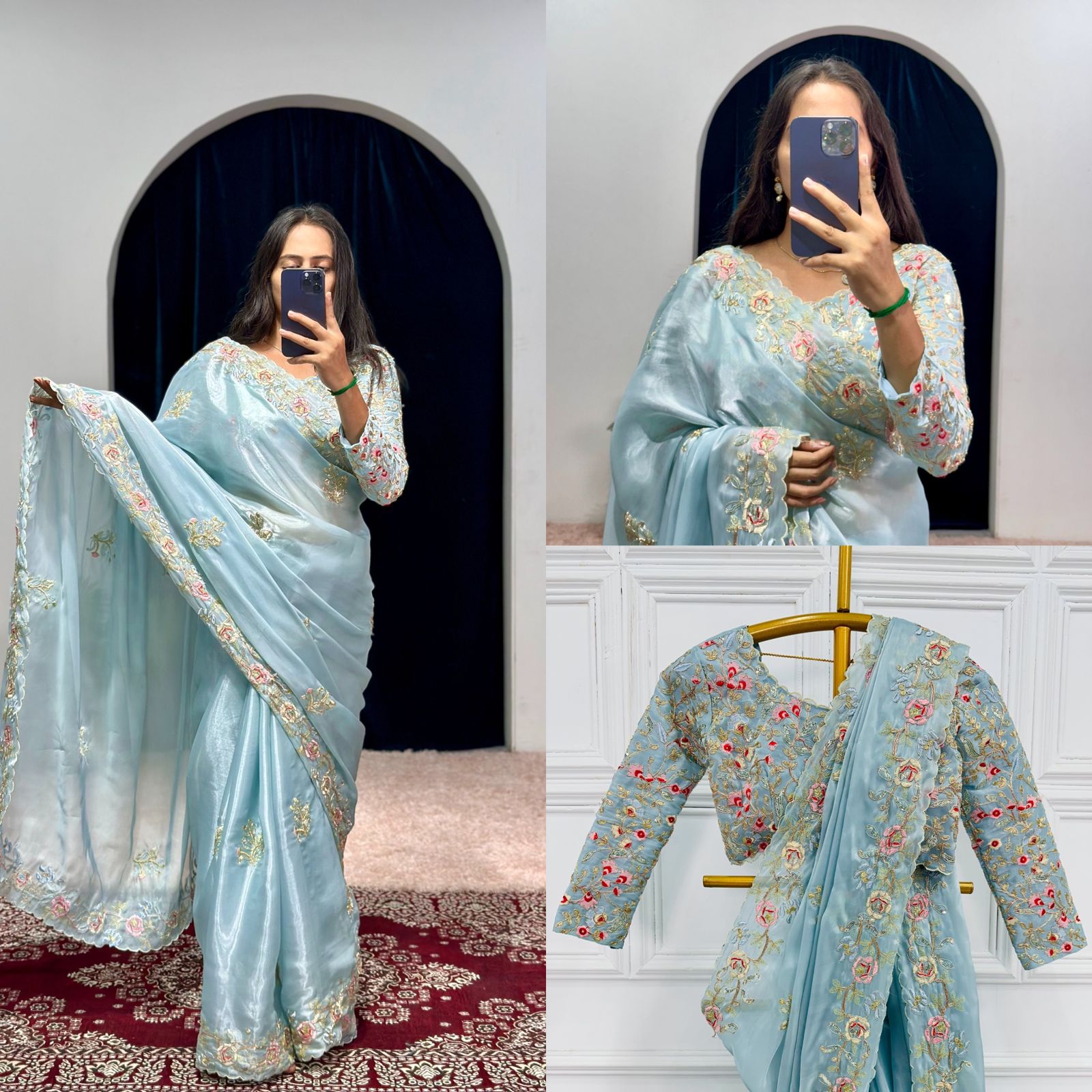 Marvelous Thread Work Sky Blue Color Saree