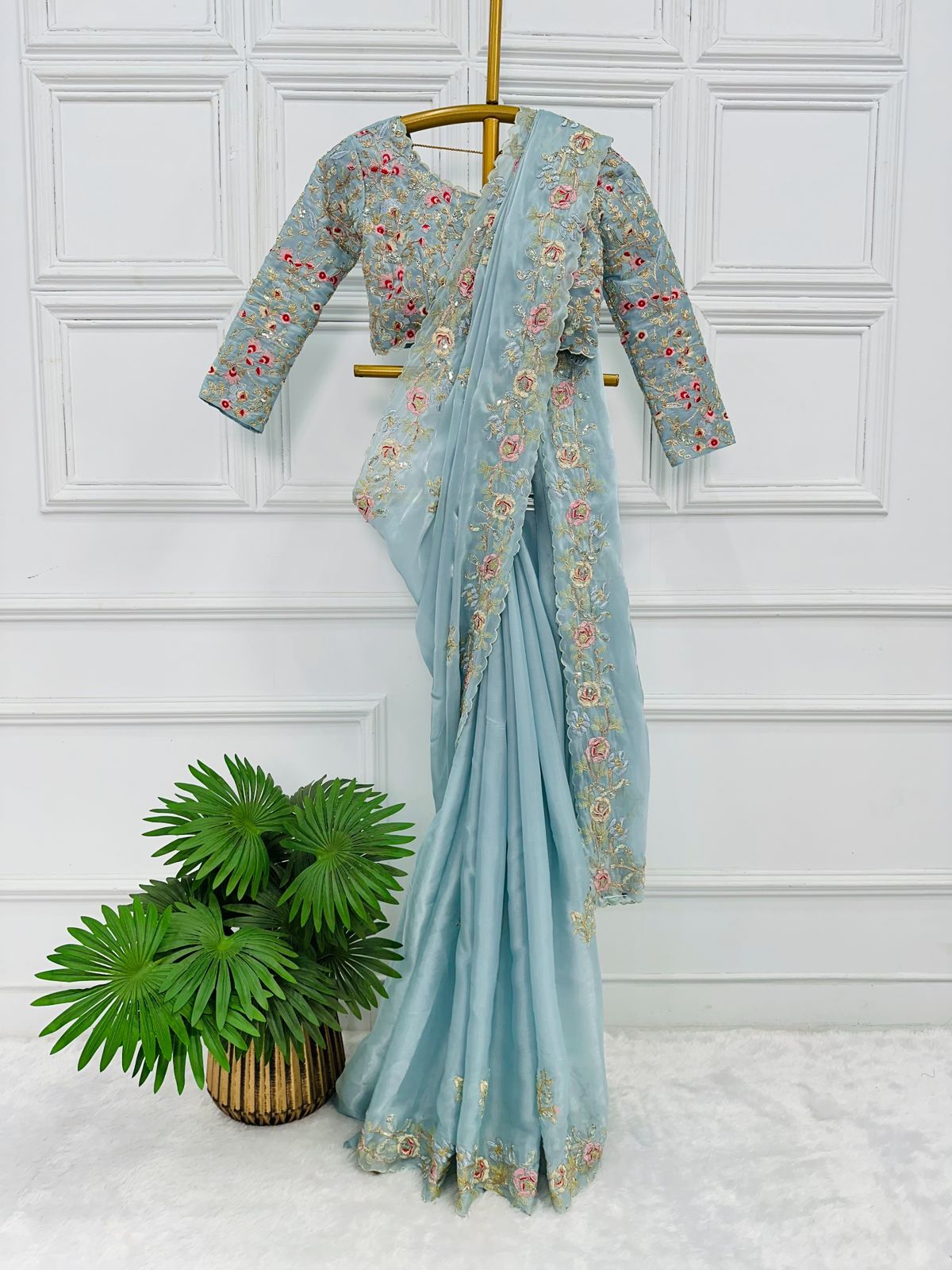 Marvelous Thread Work Sky Blue Color Saree