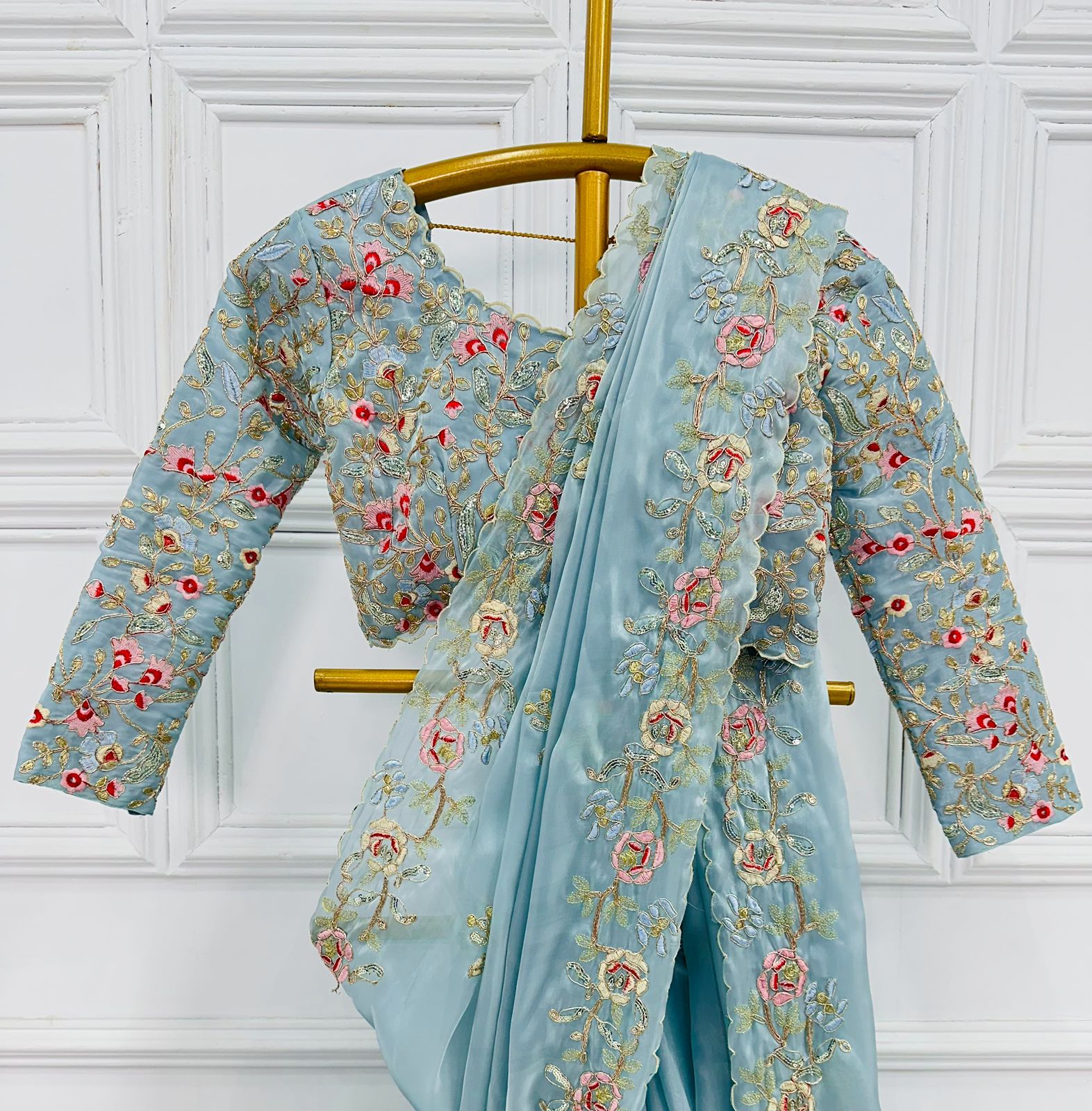 Marvelous Thread Work Sky Blue Color Saree