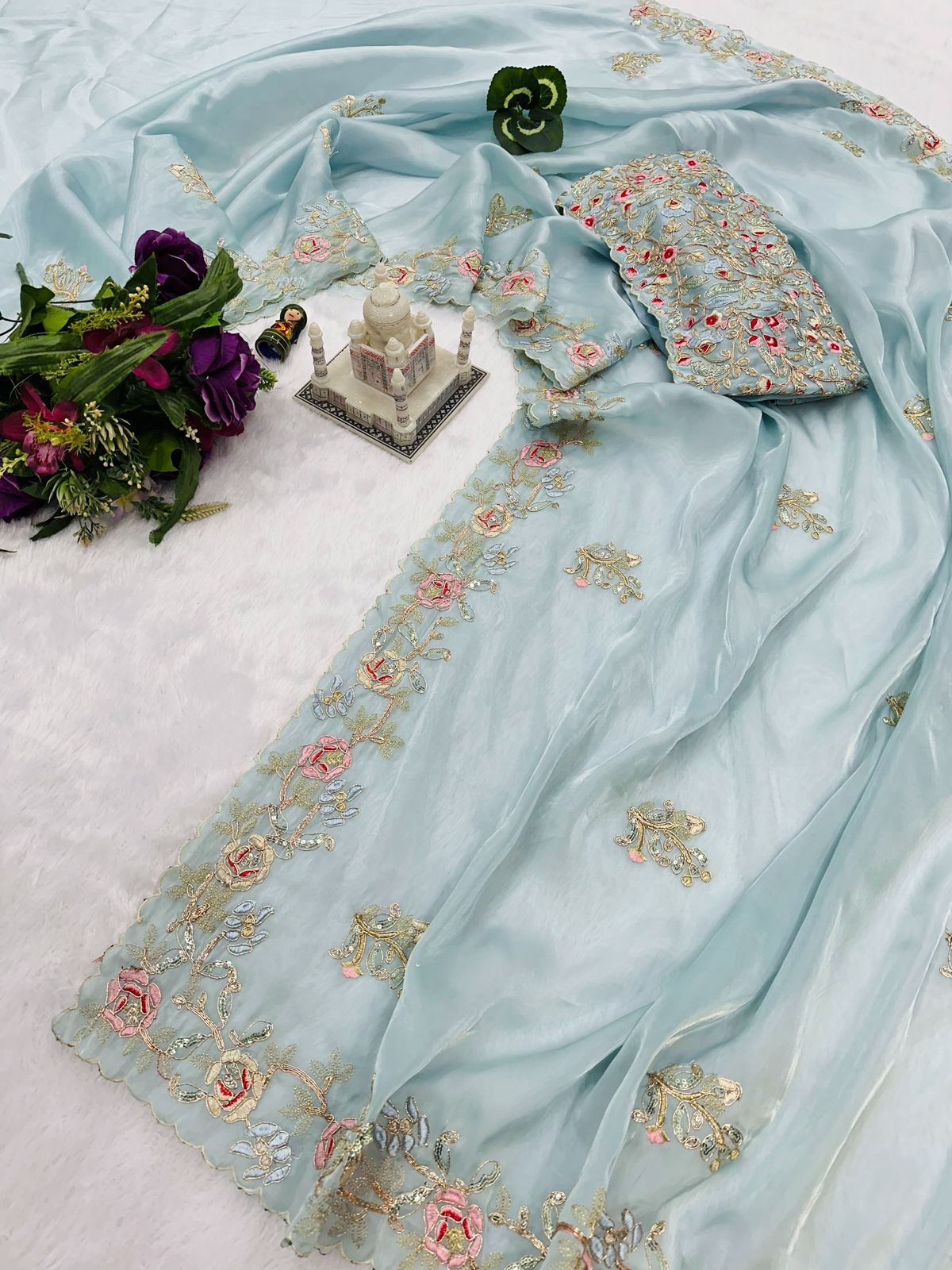 Marvelous Thread Work Sky Blue Color Saree
