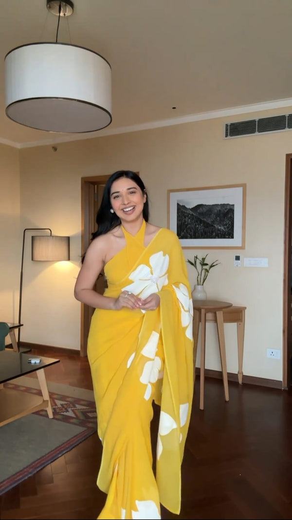 Fabulous Yellow Color Ready To Wear Printed Saree