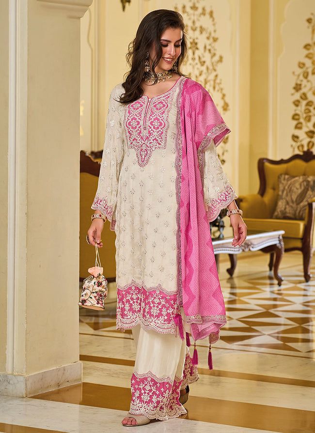 Trendy White And Pink Color  Work Palazzo Suit