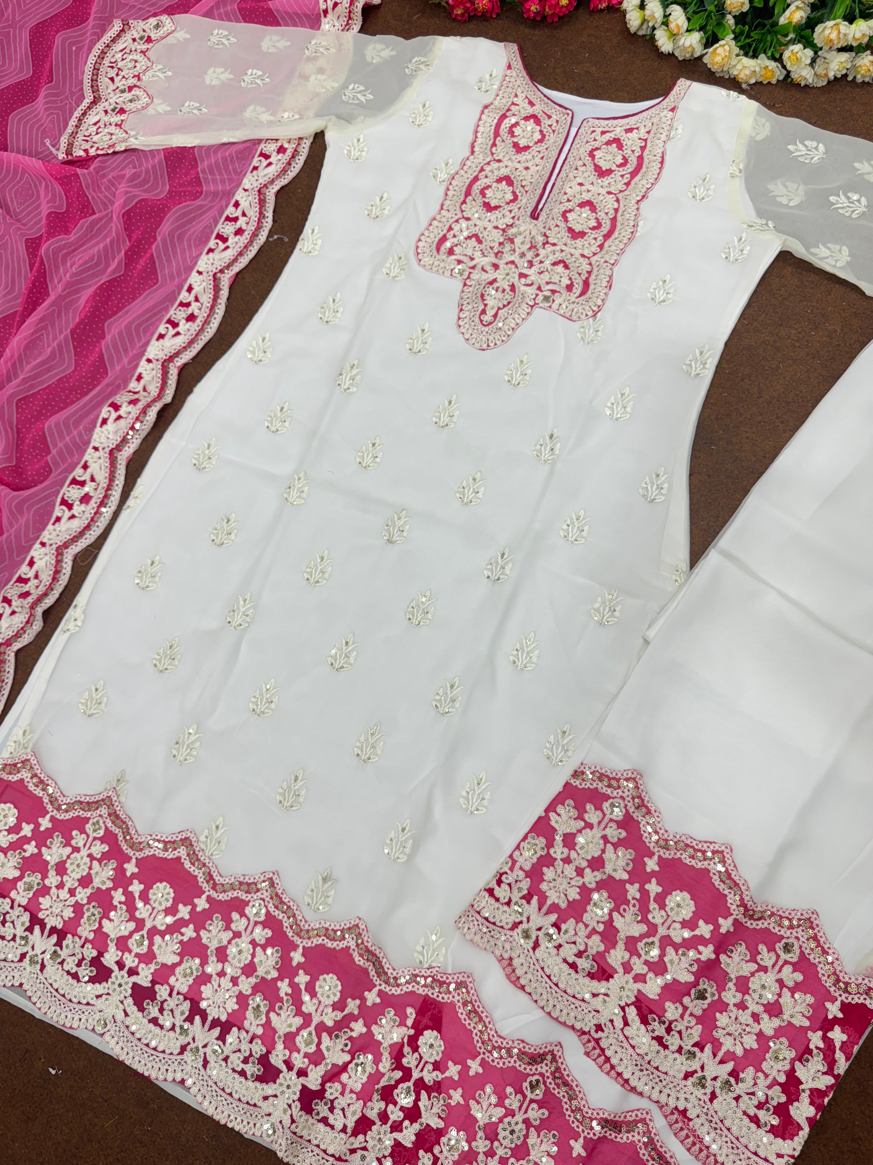 Trendy White And Pink Color  Work Palazzo Suit