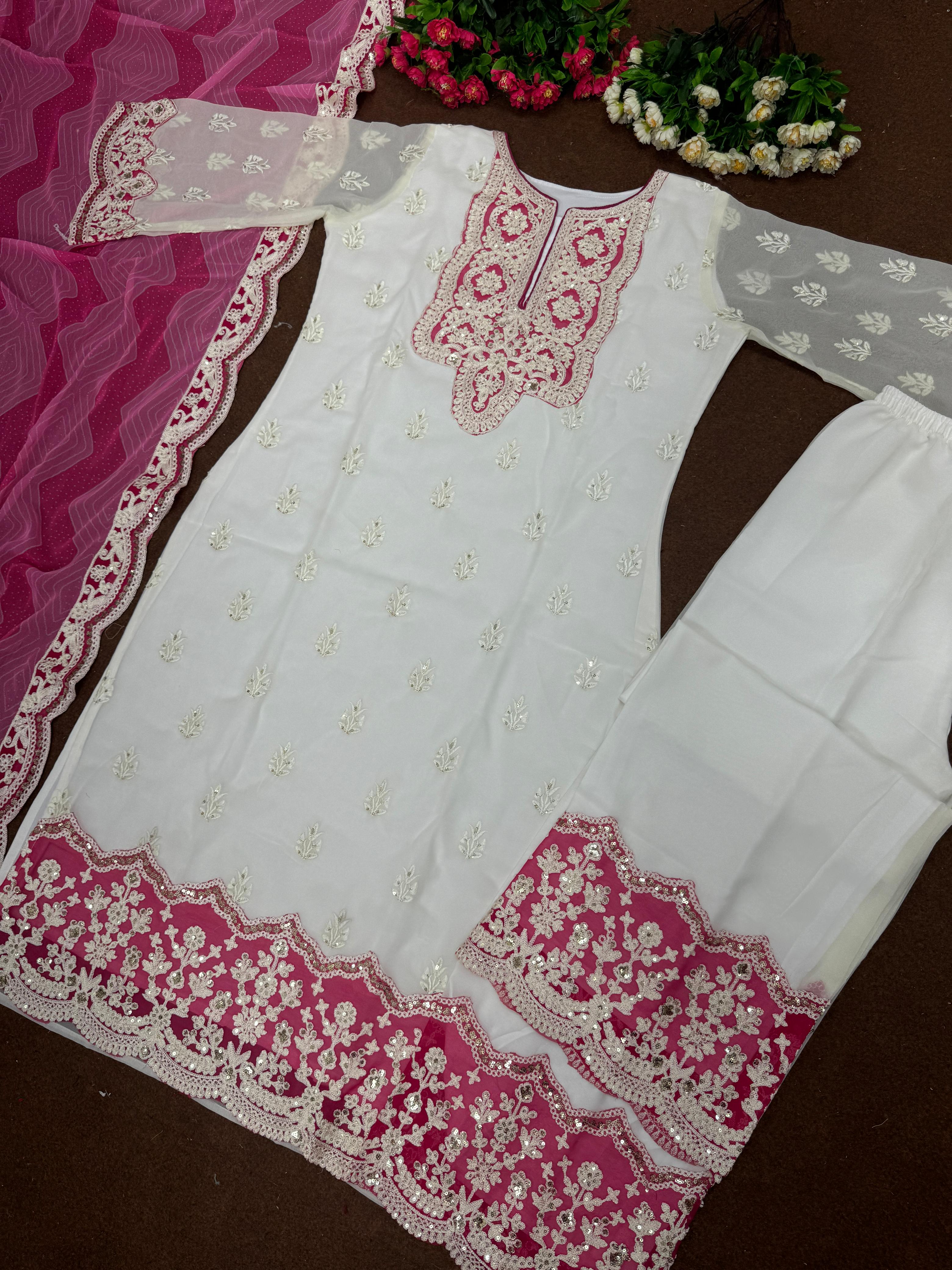 Trendy White And Pink Color  Work Palazzo Suit