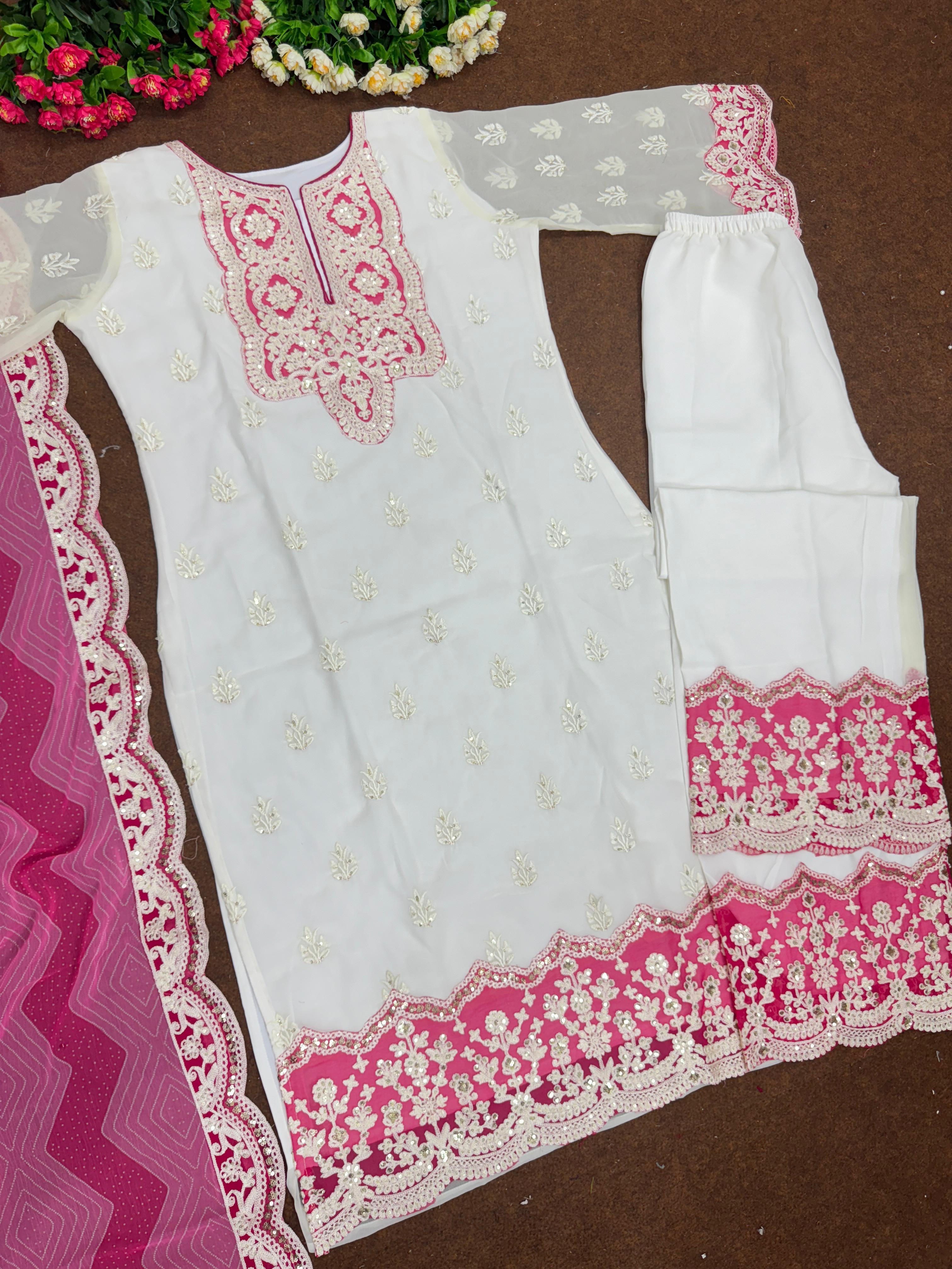 Trendy White And Pink Color  Work Palazzo Suit