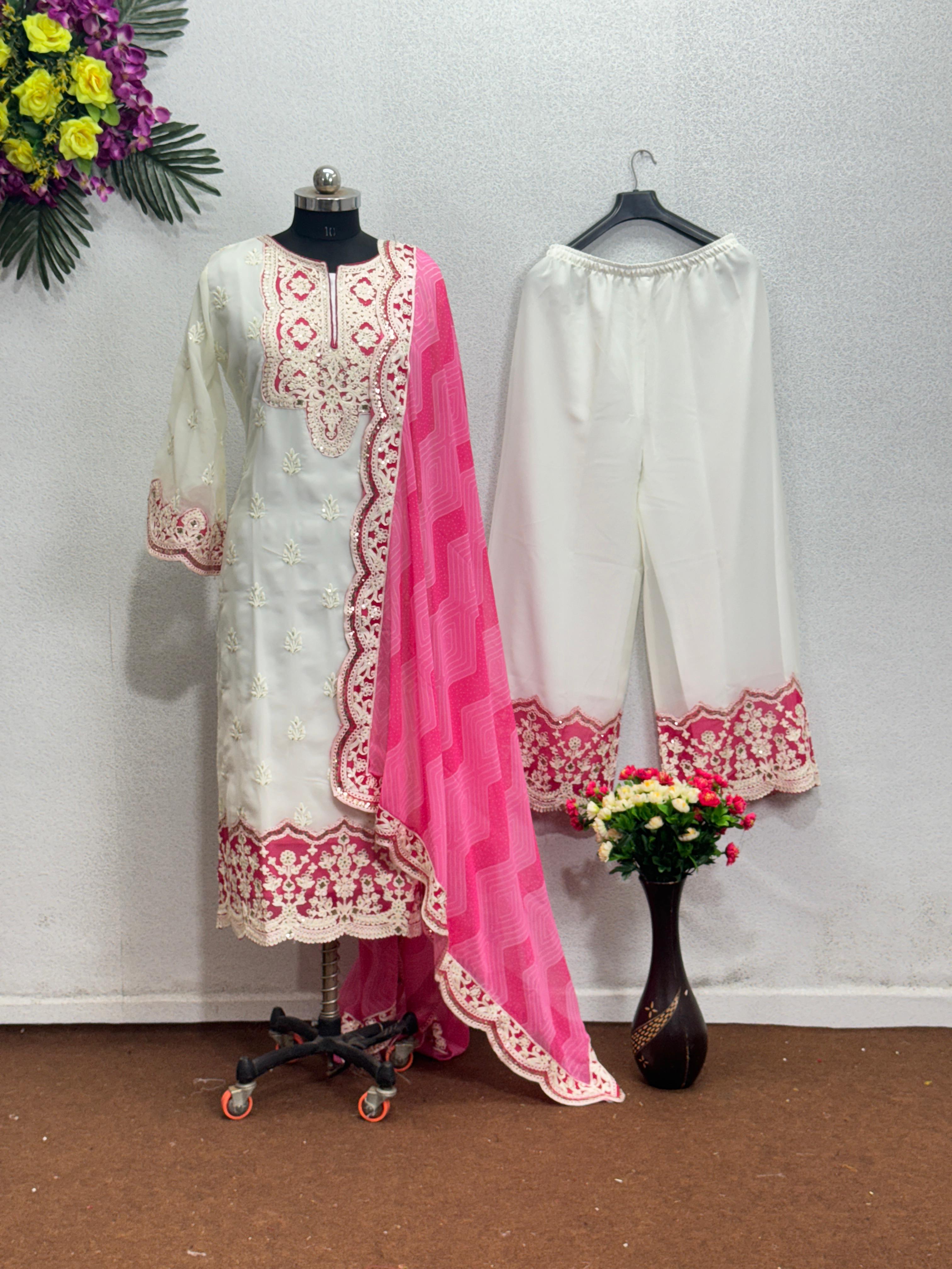 Trendy White And Pink Color  Work Palazzo Suit