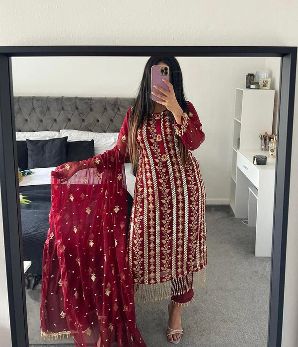 Decent Embroidered Work Red Color Salwar Suit