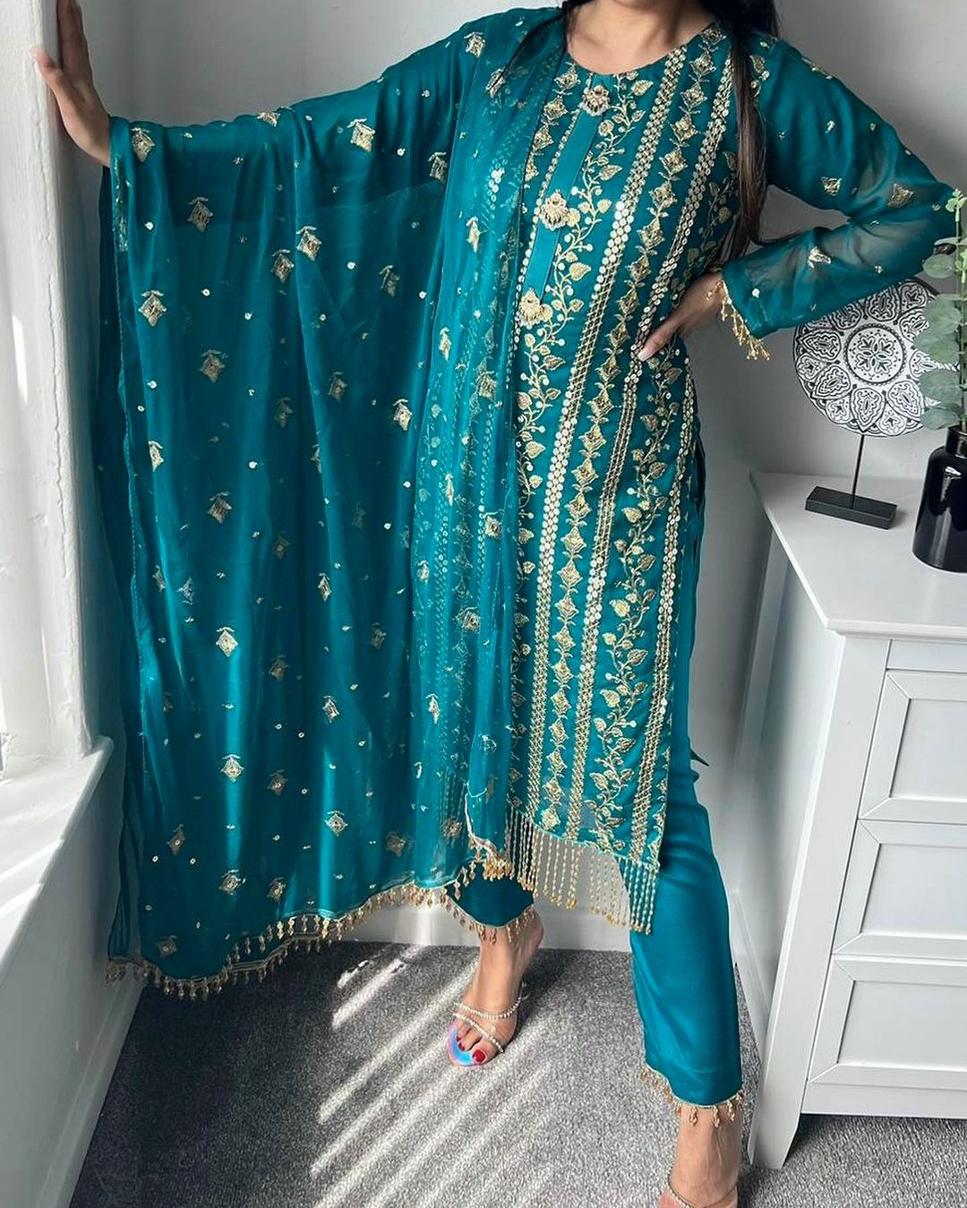 Decent Embroidered Work Teal Blue Color Salwar Suit