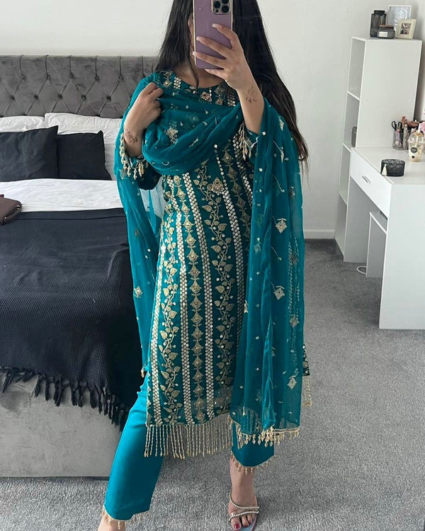 Decent Embroidered Work Teal Blue Color Salwar Suit