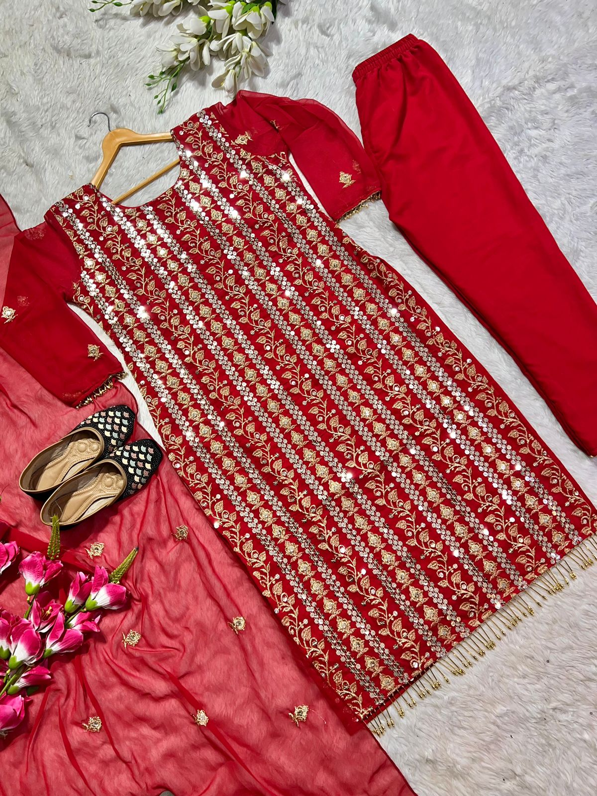 Decent Embroidered Work Red Color Salwar Suit