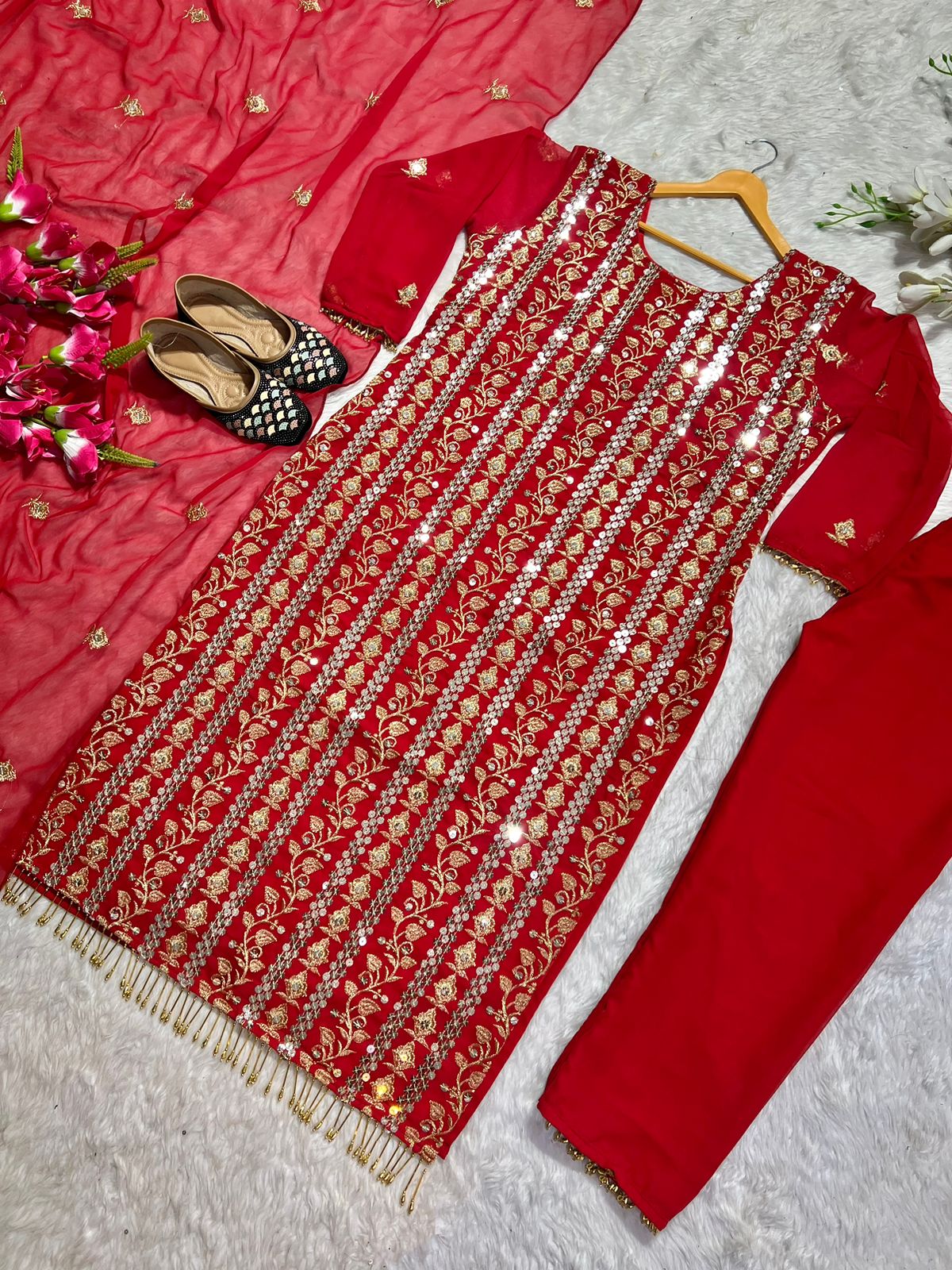 Decent Embroidered Work Red Color Salwar Suit