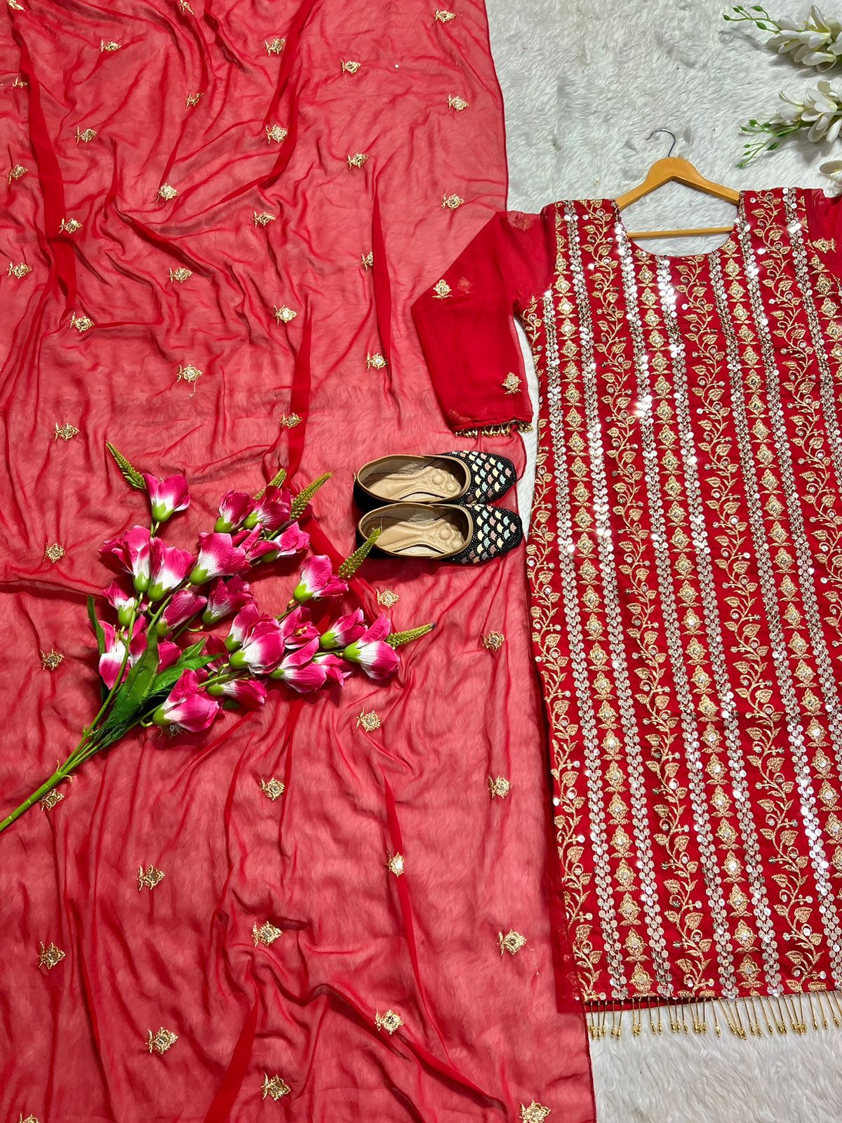 Decent Embroidered Work Red Color Salwar Suit