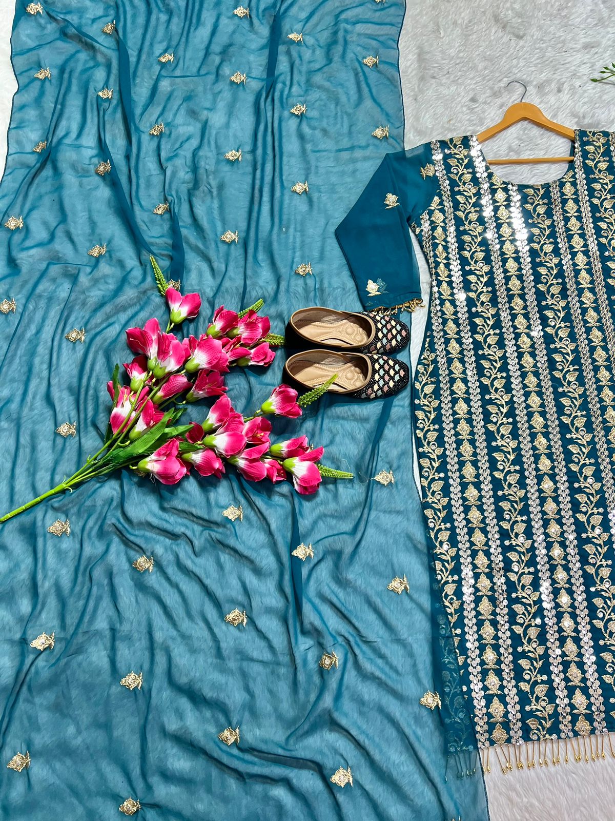 Decent Embroidered Work Teal Blue Color Salwar Suit