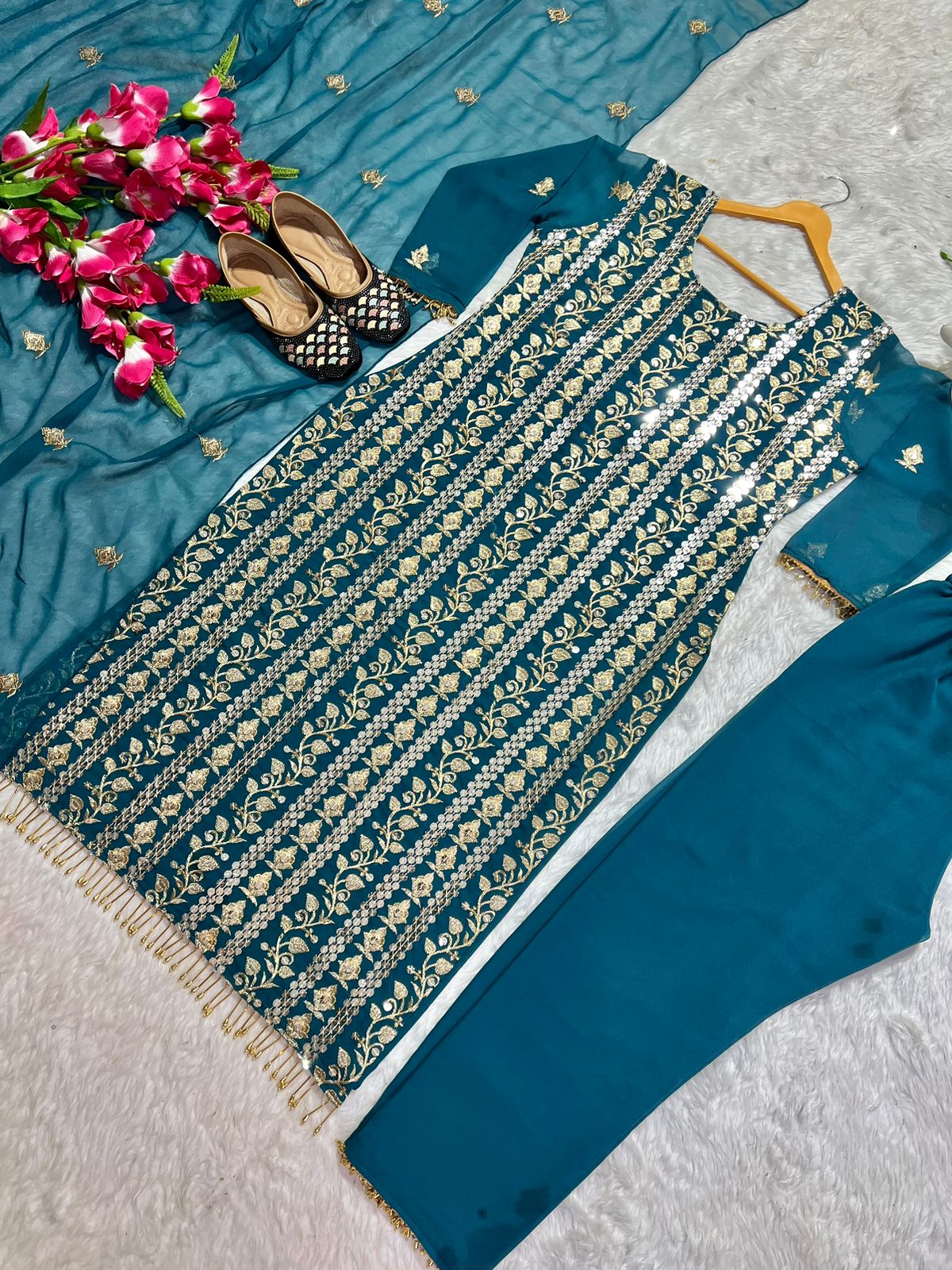 Decent Embroidered Work Teal Blue Color Salwar Suit