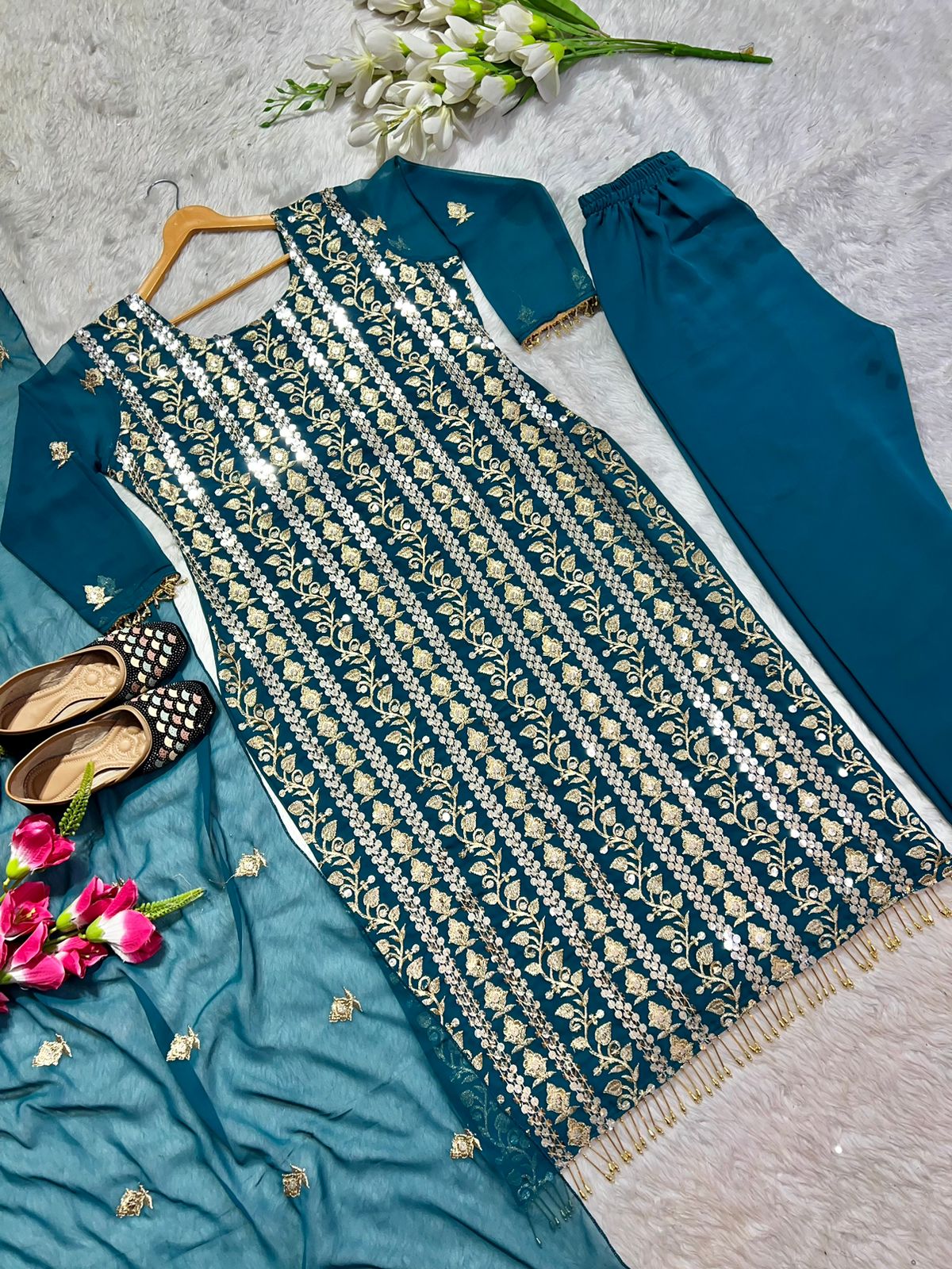 Decent Embroidered Work Teal Blue Color Salwar Suit