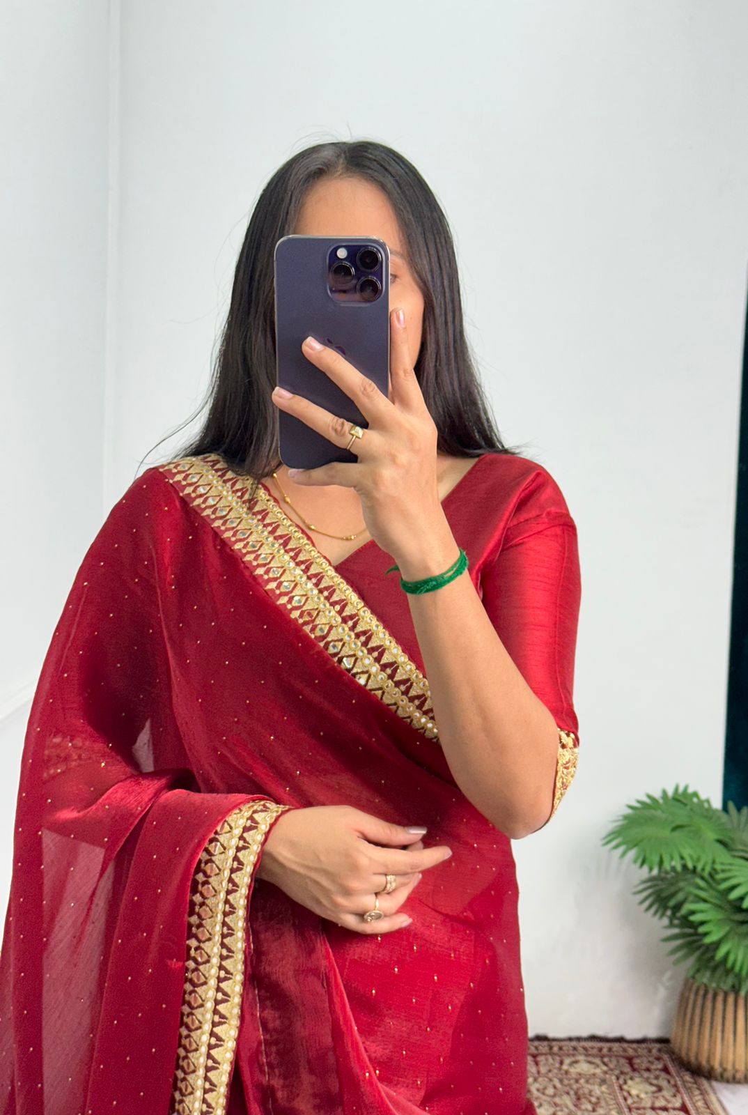 Terrific Embroidery Lace Work Red Color Saree
