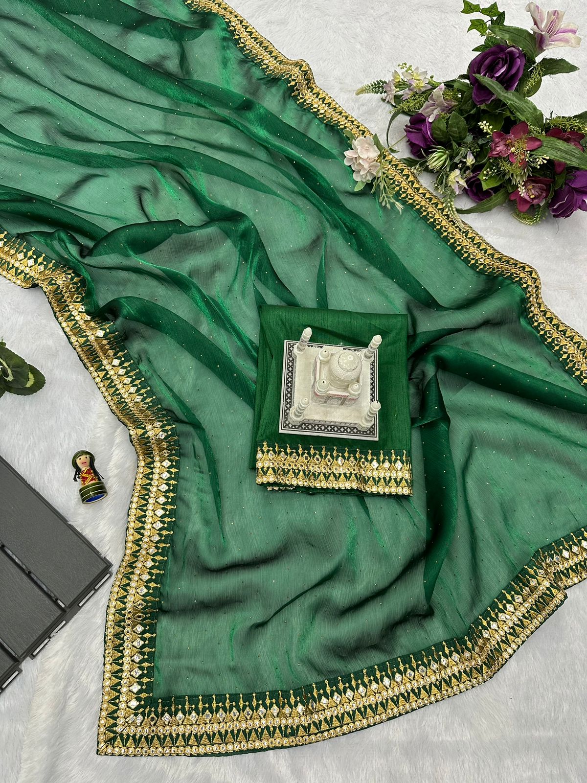 Terrific Embroidery Lace Work Green Color Saree