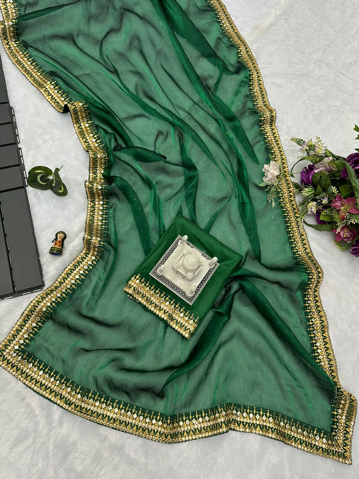 Terrific Embroidery Lace Work Green Color Saree