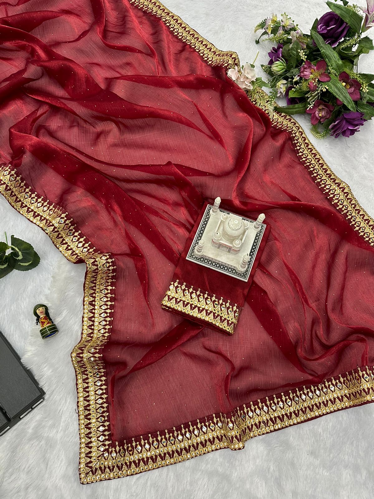 Terrific Embroidery Lace Work Red Color Saree