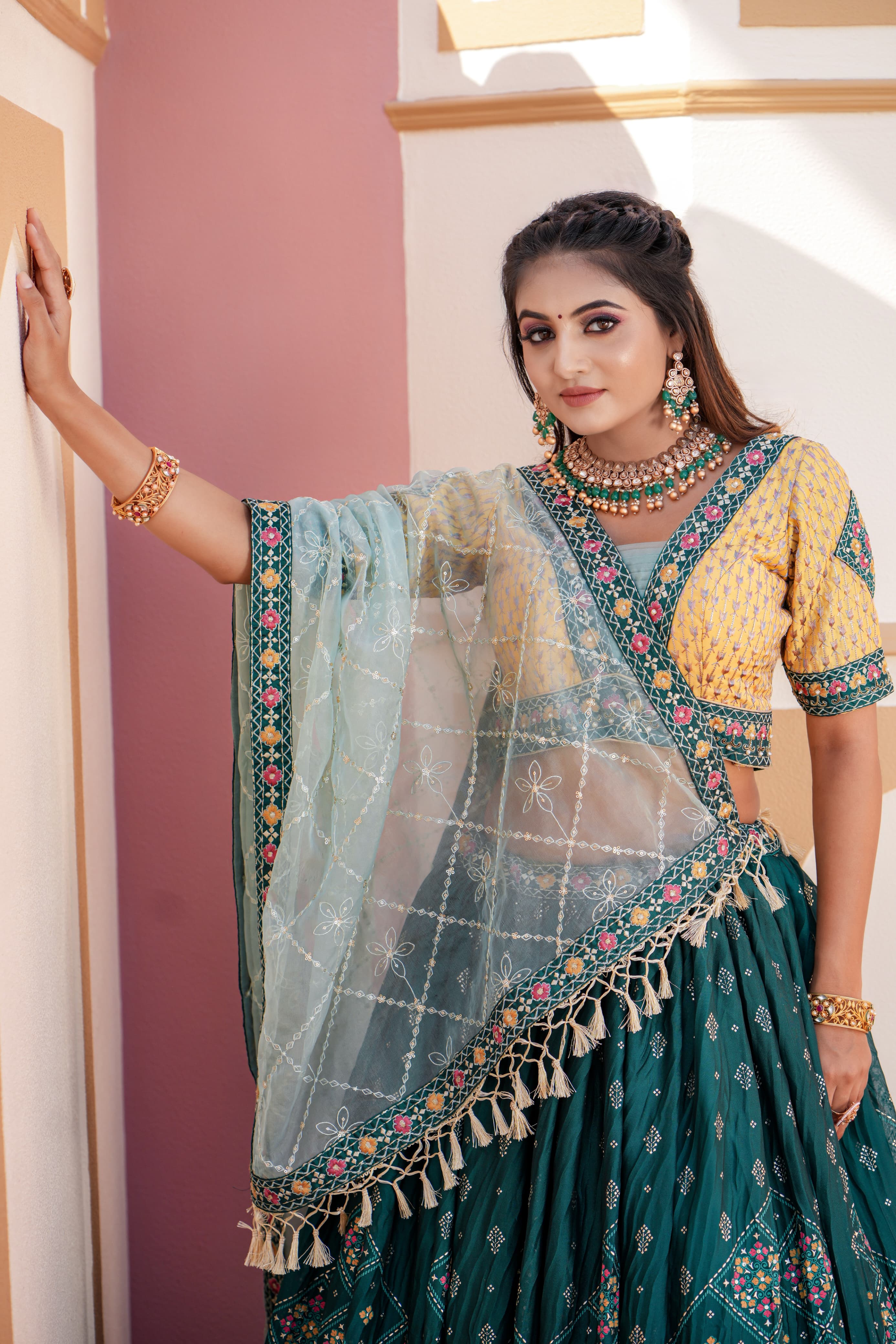 Presenting Foil Print With Work Aqua Green Lehenga Choli