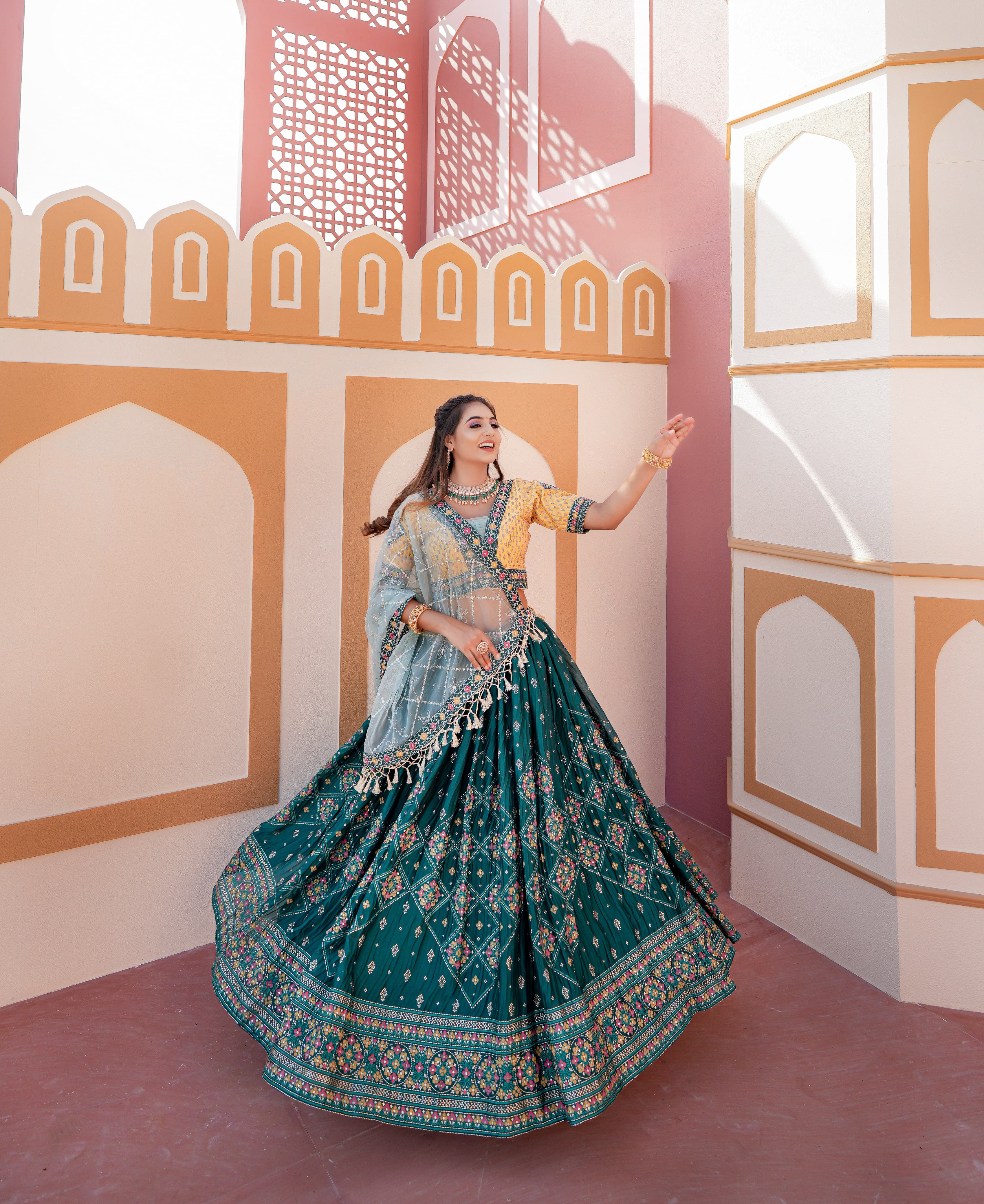 Presenting Foil Print With Work Aqua Green Lehenga Choli