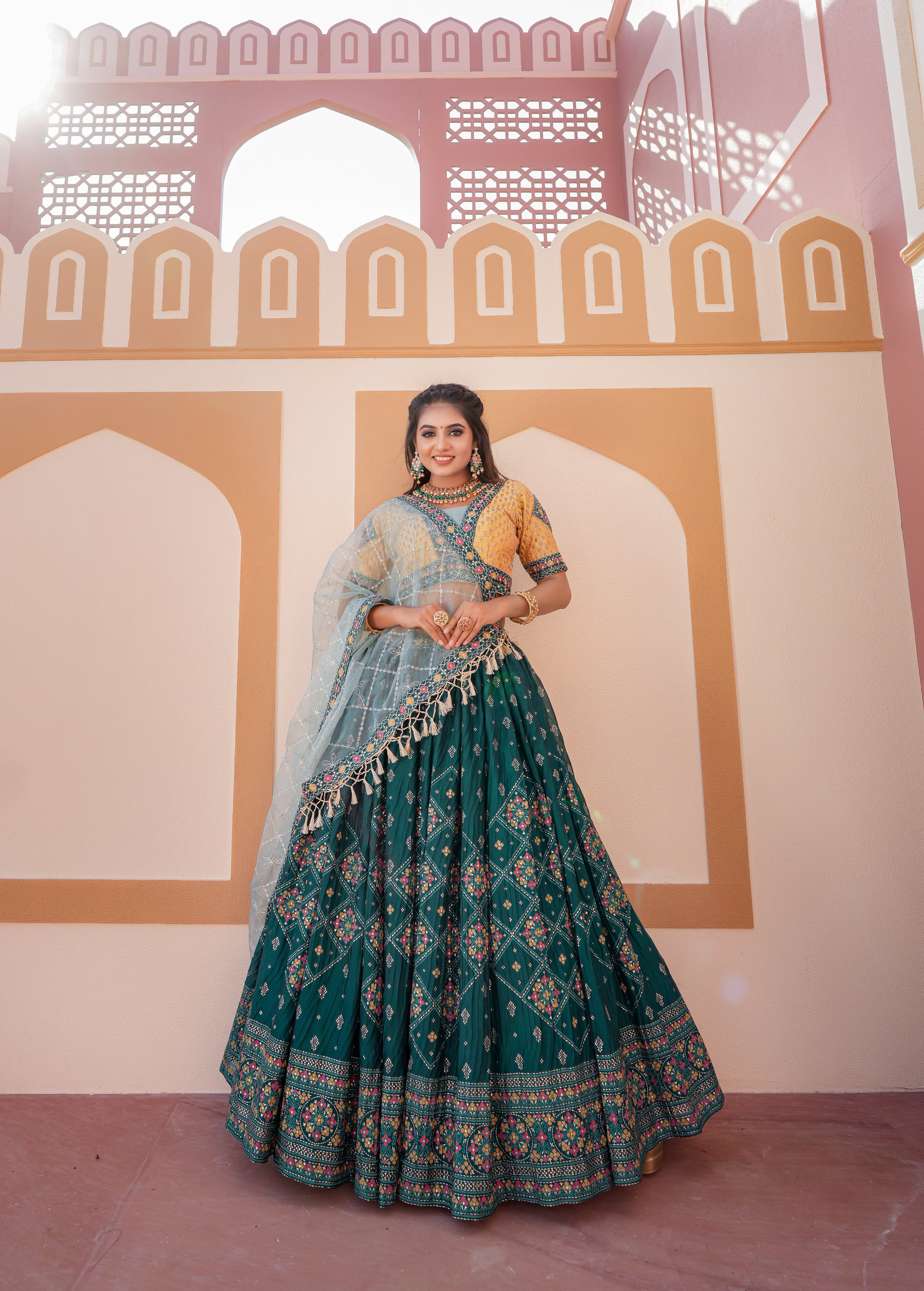 Presenting Foil Print With Work Aqua Green Lehenga Choli