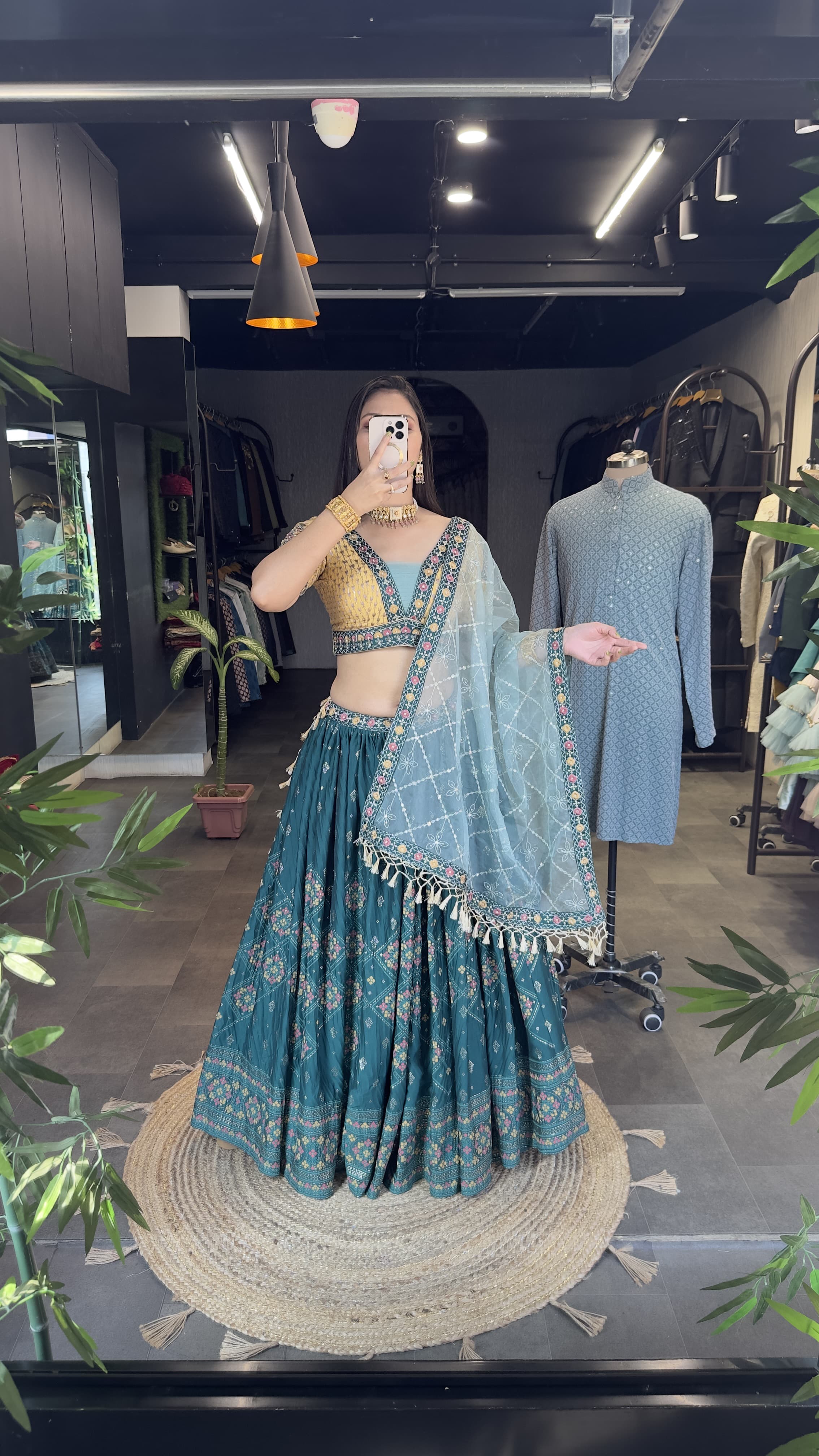 Presenting Foil Print With Work Aqua Green Lehenga Choli