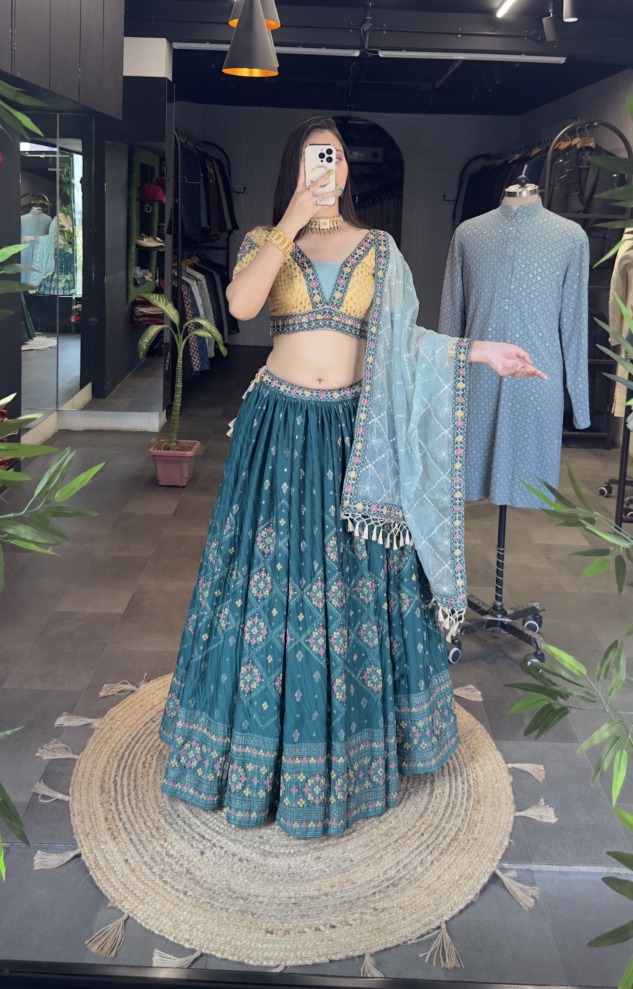 Presenting Foil Print With Work Aqua Green Lehenga Choli